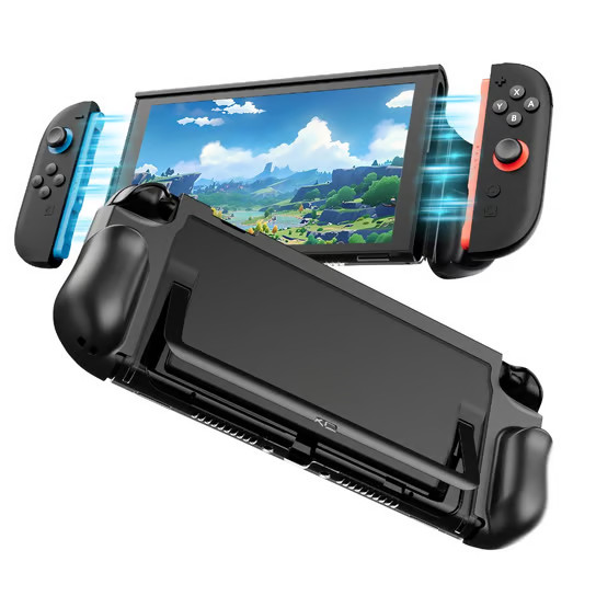 Czarna konsola Nintendo Switch z podłączonymi kontrolerami, wyświetla krajobraz.