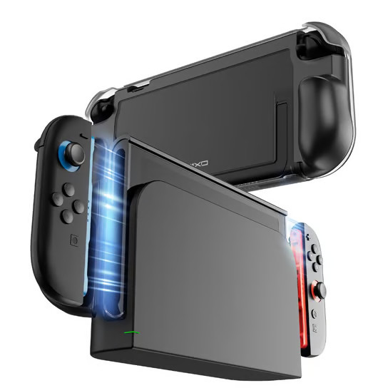 Czarny Nintendo Switch z odpinanymi kontrolerami i stacją dokującą.
