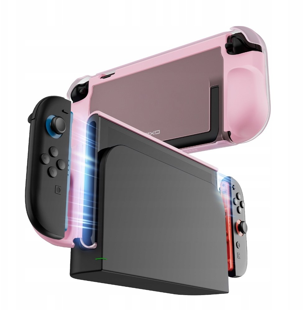 Różowe etui ochronne do czarnego urządzenia Nintendo Switch z Joy-Conami.