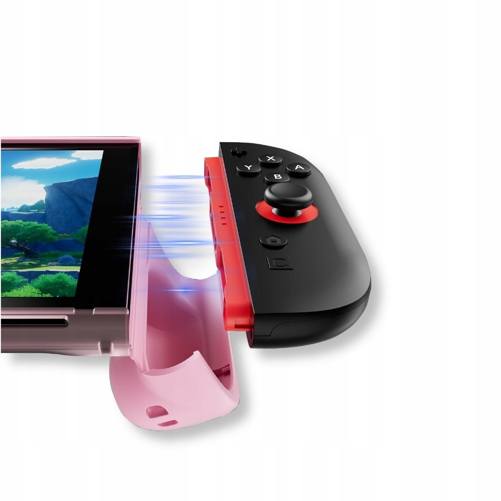 Różowy uchwyt i czarny kontroler do Nintendo Switch na białym tle.