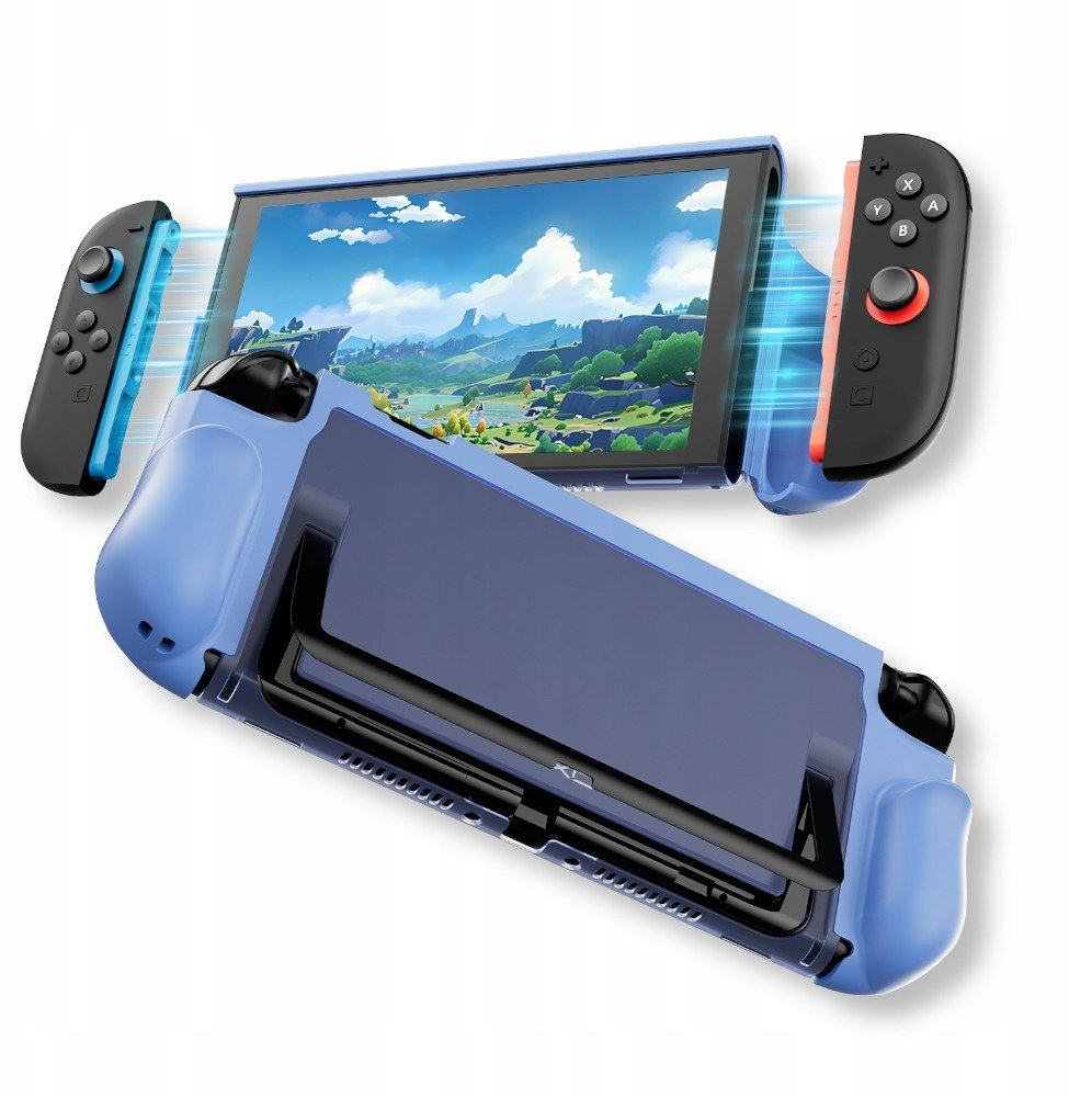 Niebieskie etui do Nintendo Switch z odłączanymi kontrolerami i ekranem w poziomie.