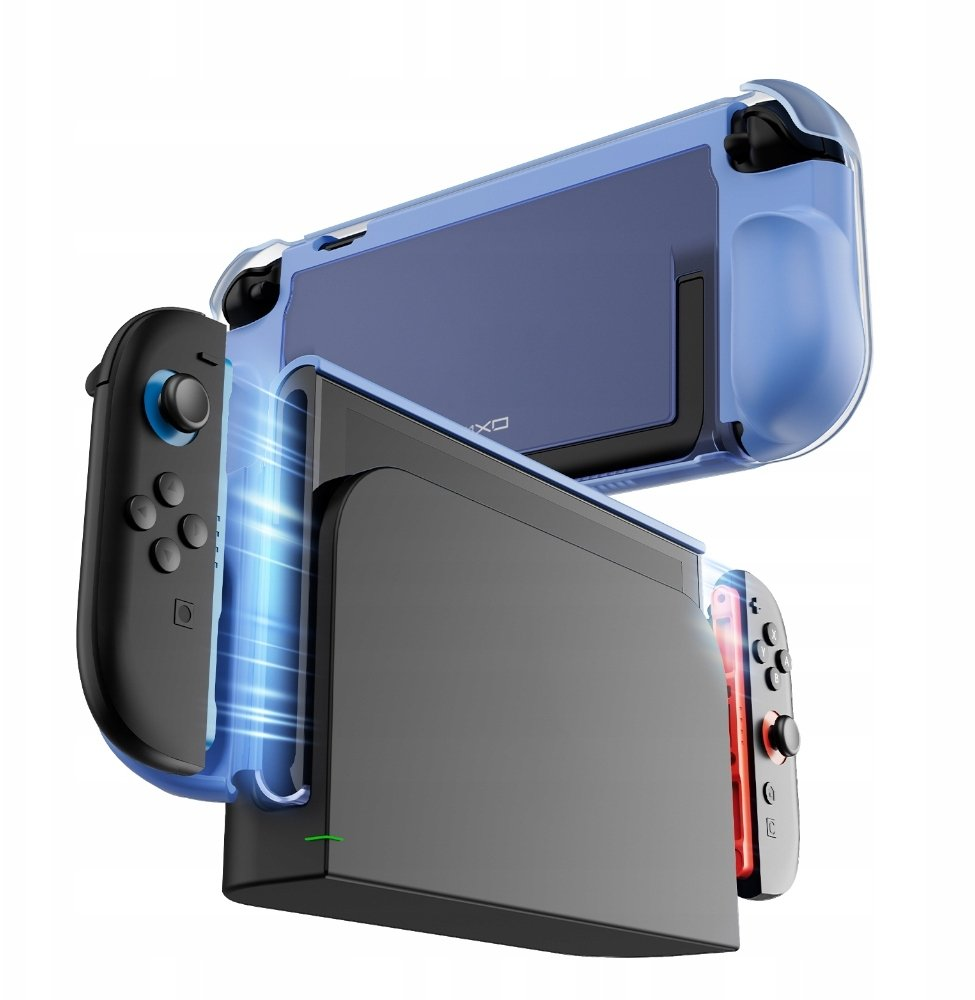 Niebieska obudowa ochronna do Nintendo Switch z odłączanymi kontrolerami.