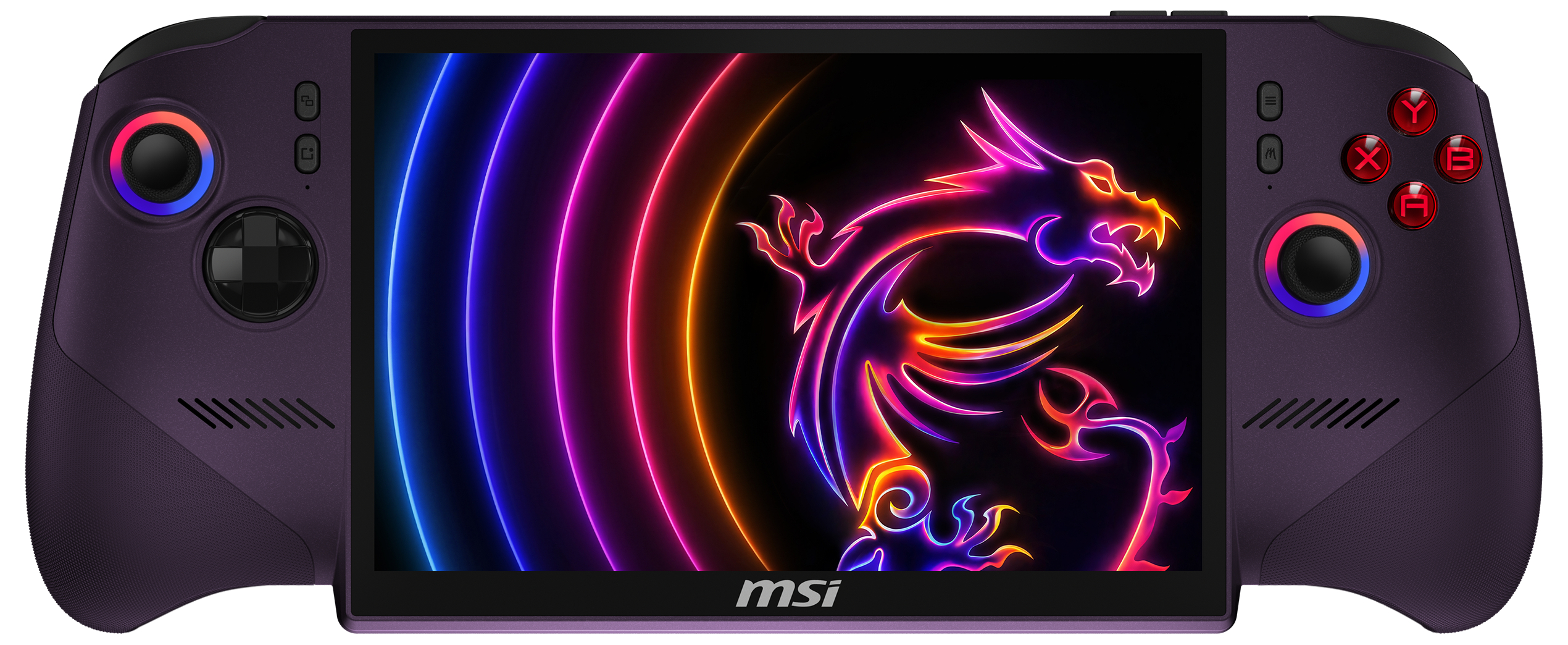 Lila Handheld-Konsole mit leuchtendem Drachen-Logo und Neonbögen.