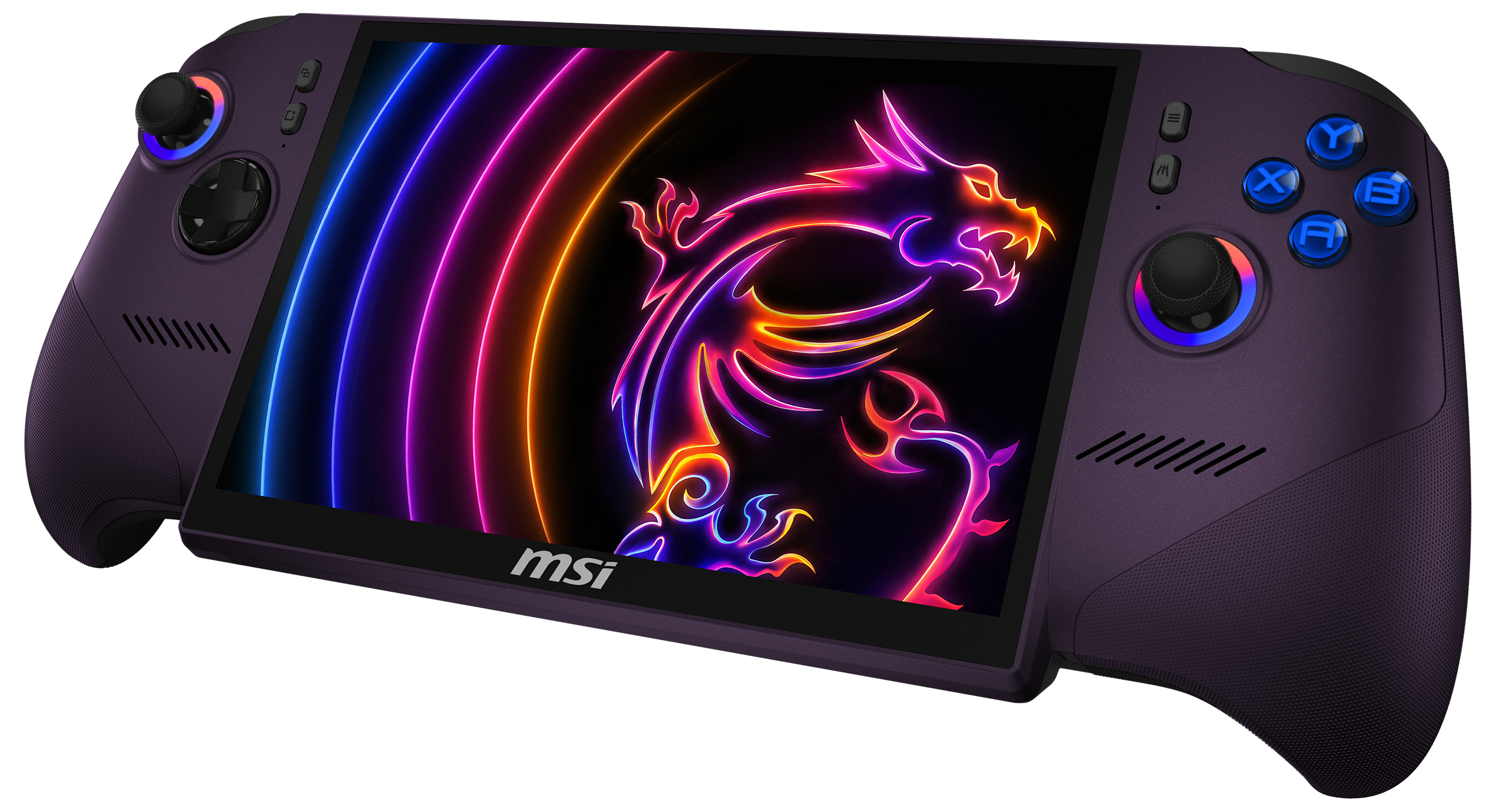 Ein lila Handheld-Gaming-Gerät mit einem leuchtenden Drachen auf dem Bildschirm.