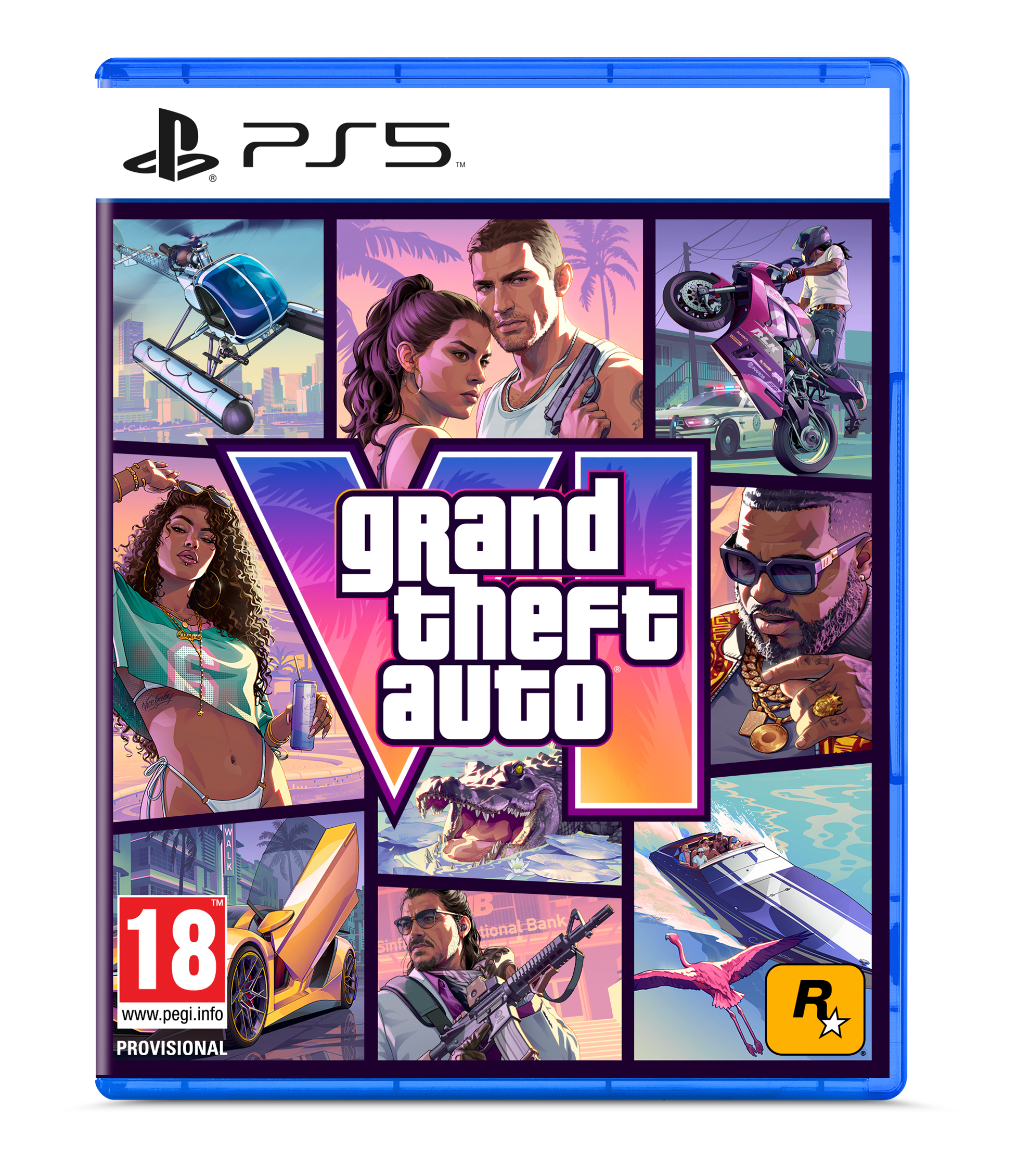 Portada PS5 Grand Theft Auto VI: Helicóptero, parejas, motorista, coche, cocodrilo, hombre con arma, barco, flamenco.