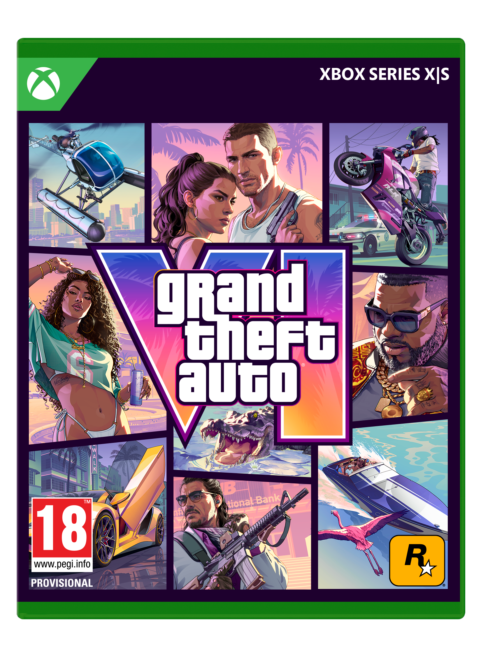 Portada de Grand Theft Auto VI con múltiples escenas: helicóptero, pareja, motorista, mujer, caimán, coche, hombre con pistola, barco.