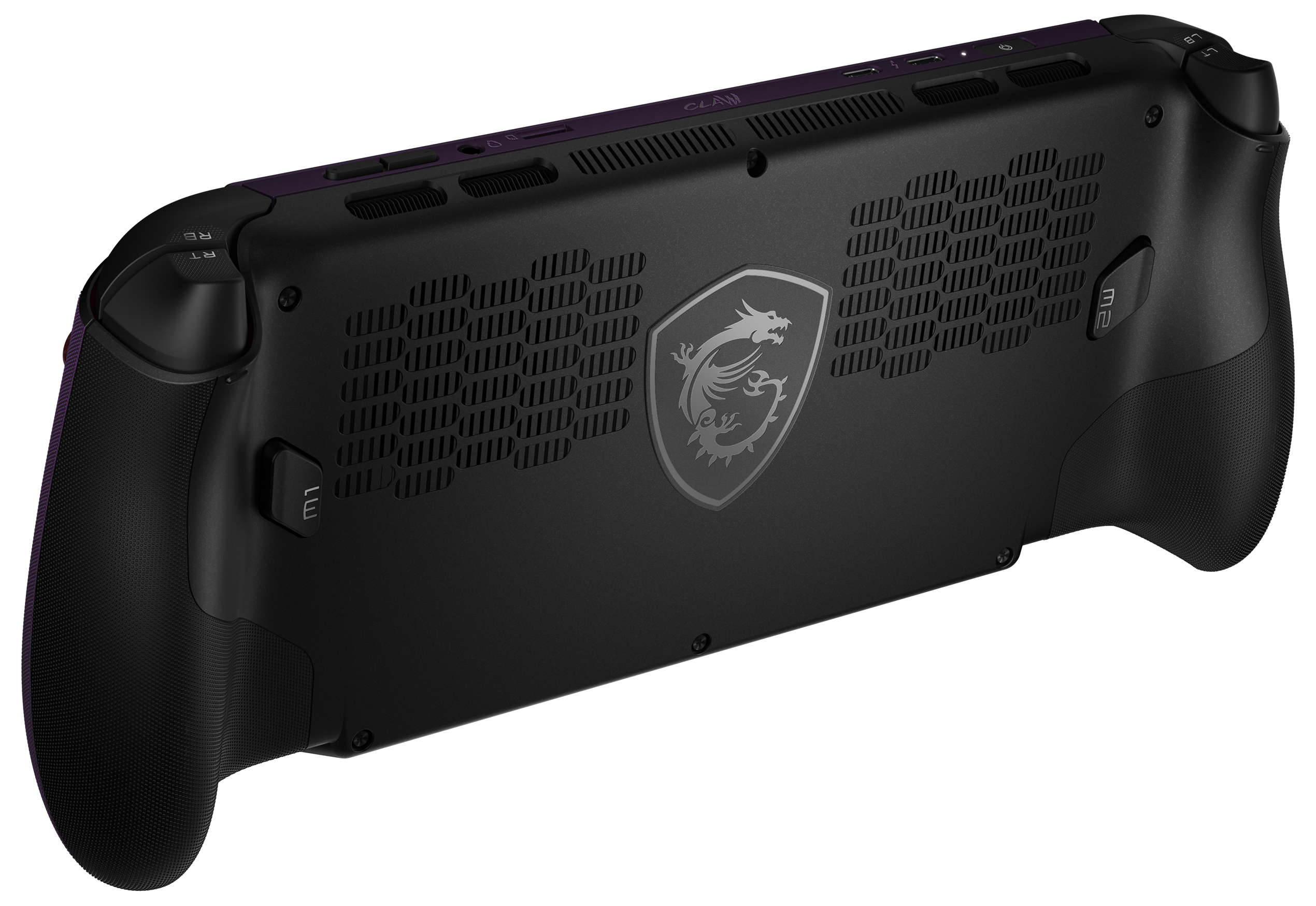 Die Rückseite eines schwarzen Handheld-Gaming-PCs mit lila Akzenten und Lüftungsschlitzen.