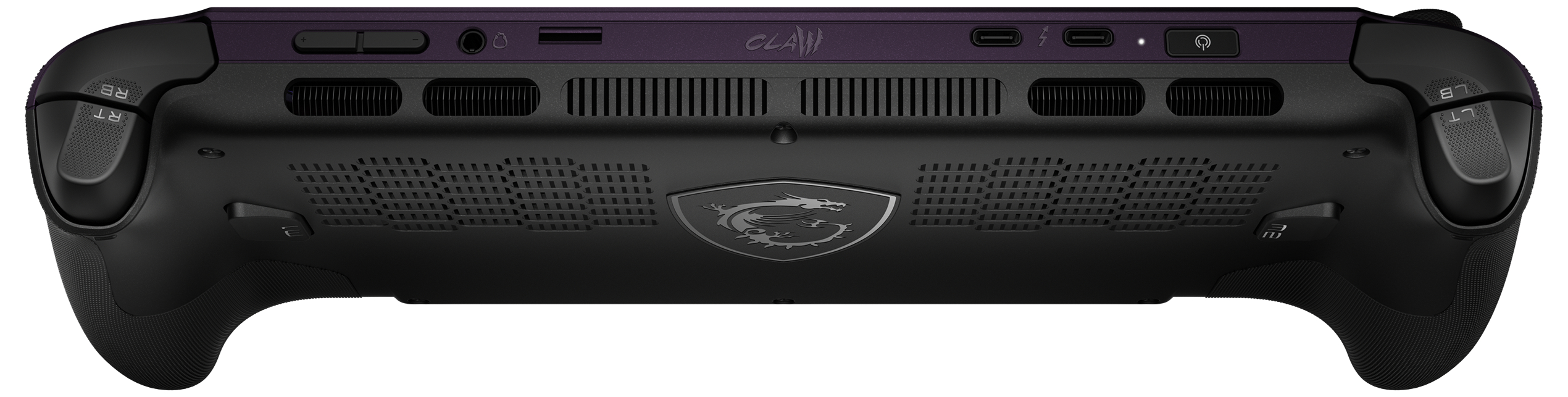 Rückseite eines schwarzen Gaming-Handhelds mit lila Akzenten, Lüftungsschlitzen und einem Drachenlogo.