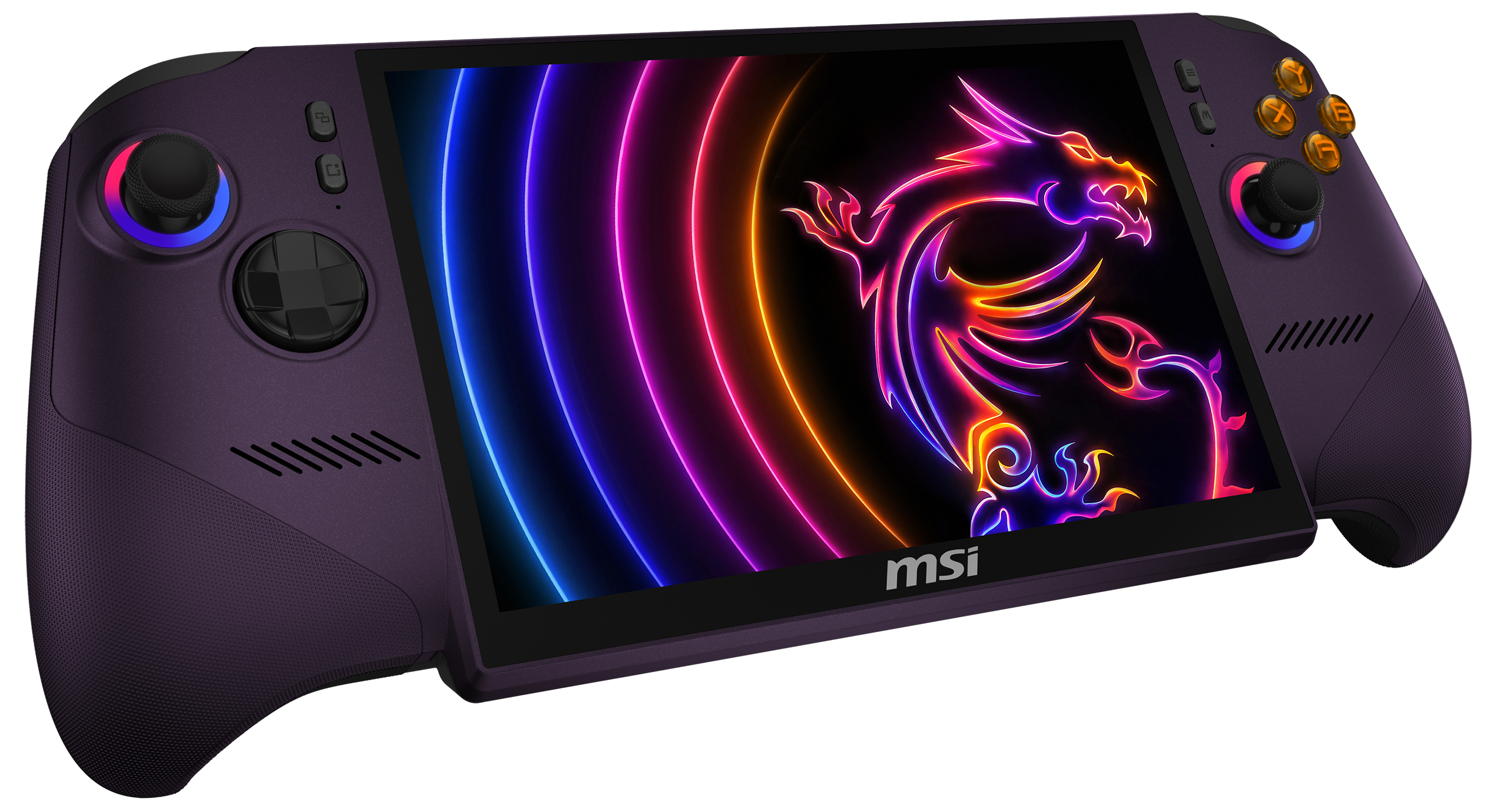 Ein violetter Handheld-Gaming-PC mit leuchtendem Drachenlogo und RGB-Kreisen.