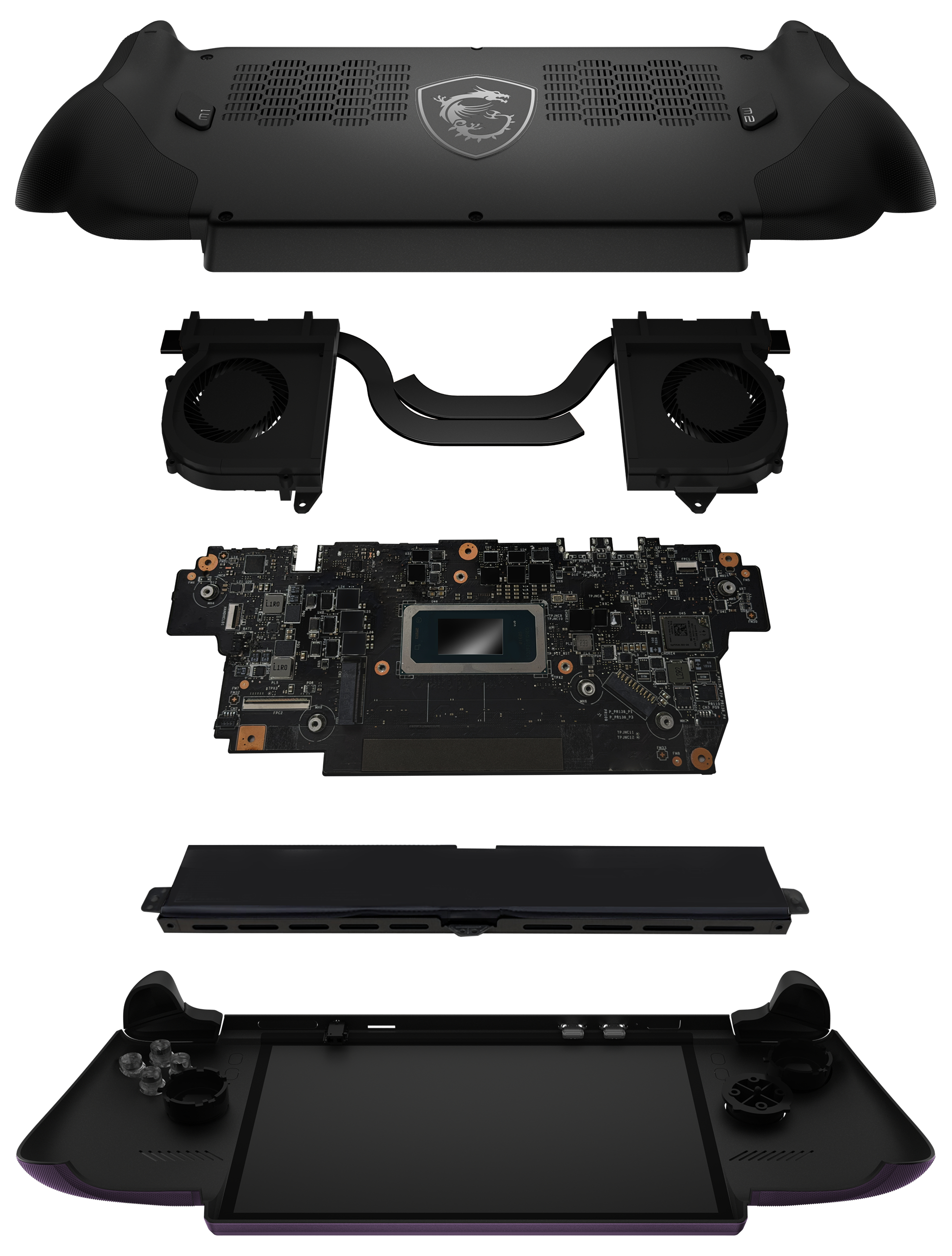Explodierte Ansicht eines schwarzen Handheld-Gaming-Geräts mit Lüftern, Platine und Controller.