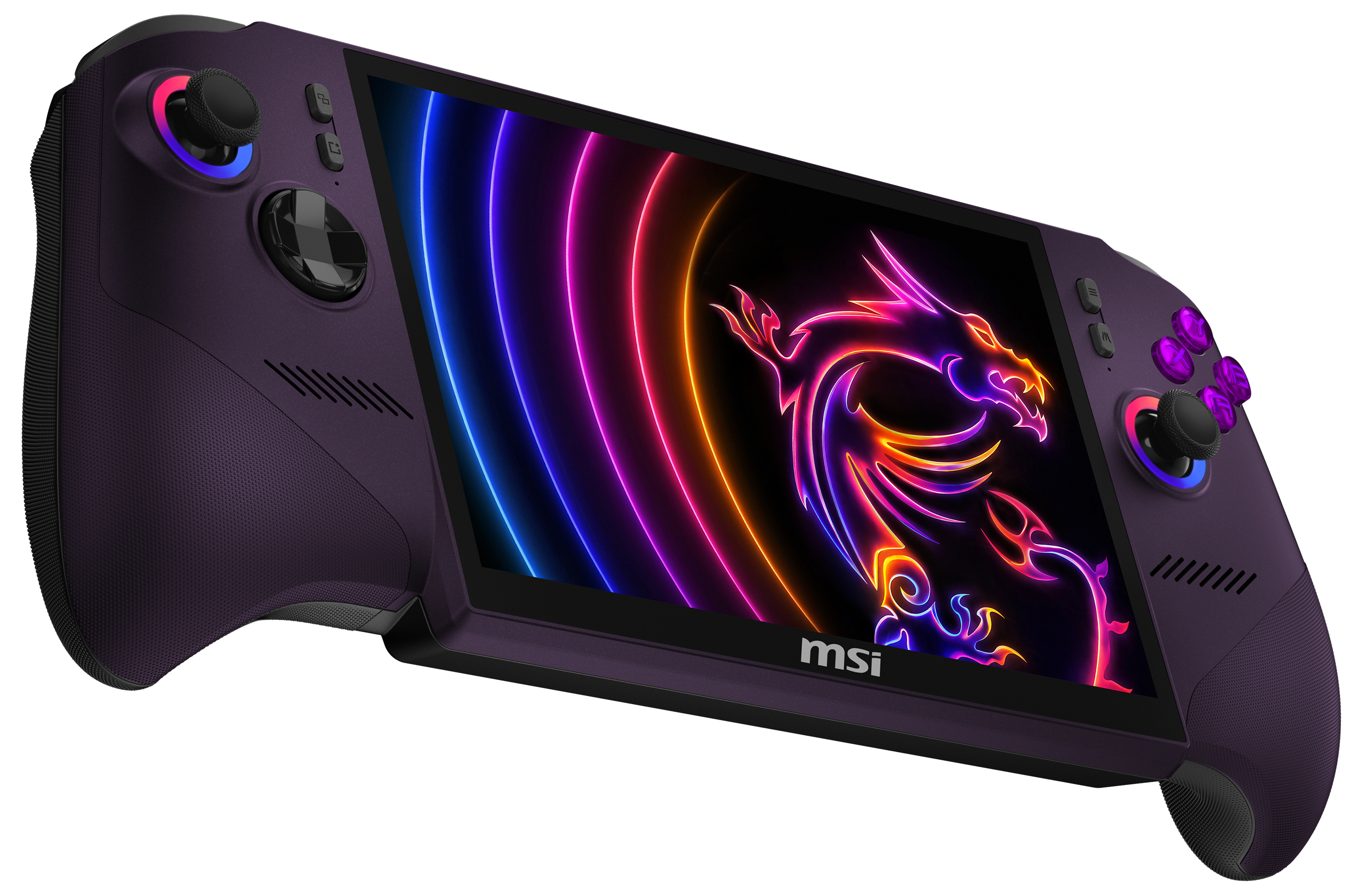 Ein violetter Handheld-Gaming-PC mit einem Neon-Drachen-Hintergrundbild und Bedienelementen.