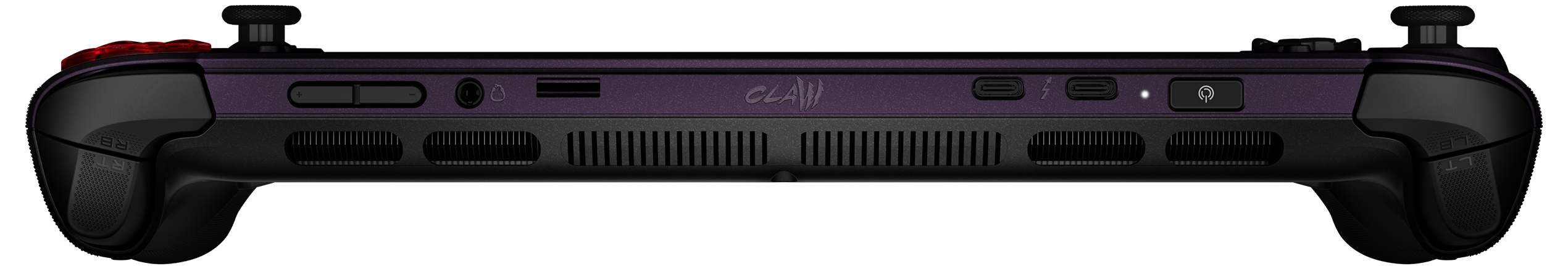 Lila Handheld-Gerät mit schwarzen Griffen, Joysticks, Lüftungsschlitzen und Tasten.