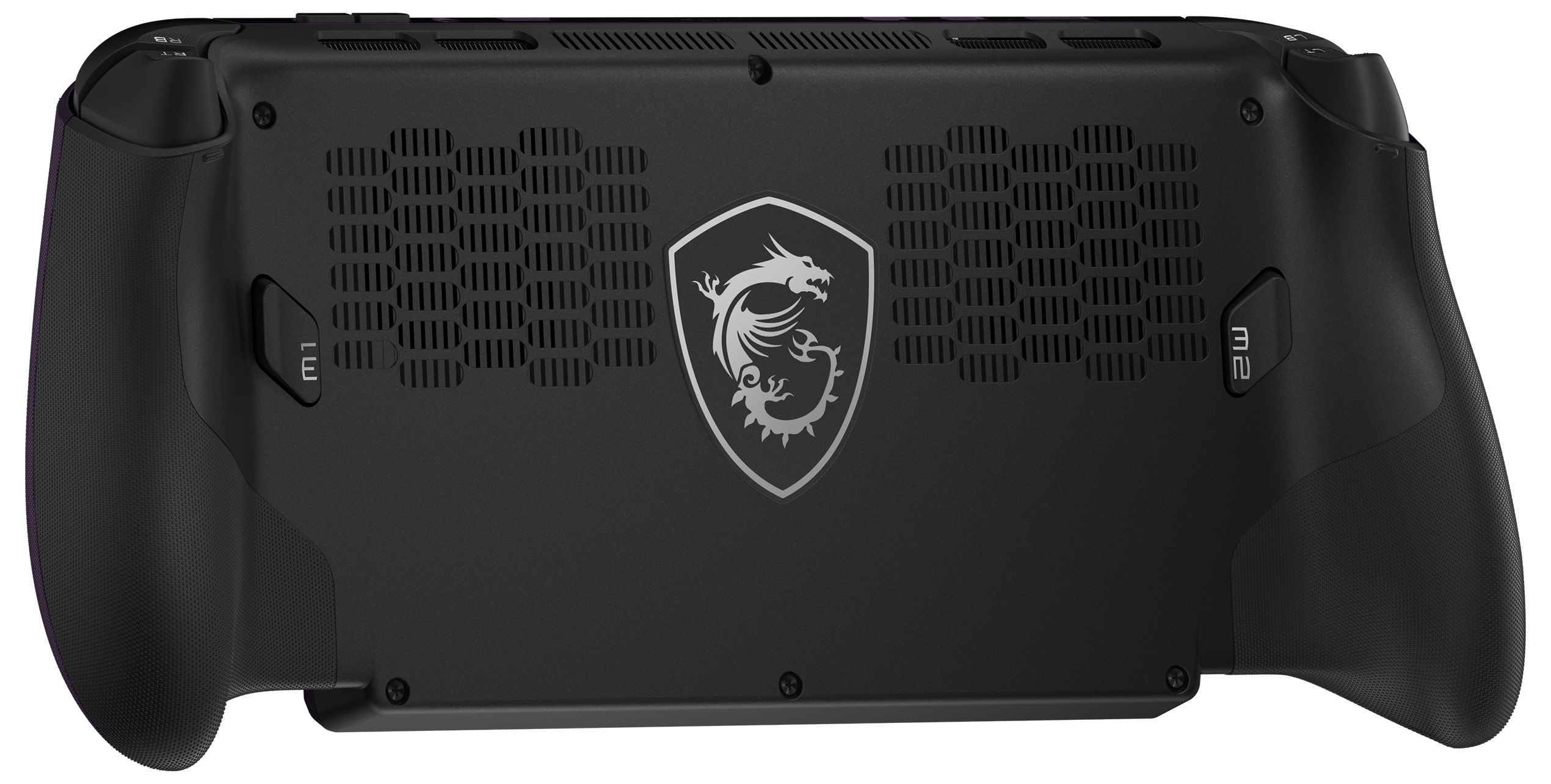 Rückseite eines schwarzen Handheld-Gaming-Geräts mit MSI-Drachenlogo und Lüftungsschlitzen.