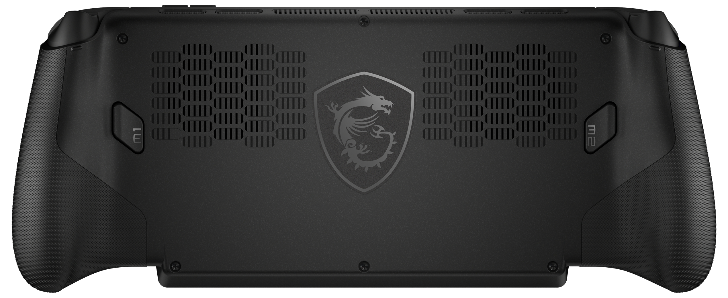 Rückseite eines schwarzen Controllers mit MSI-Drachenlogo und Lüftungsschlitzen.