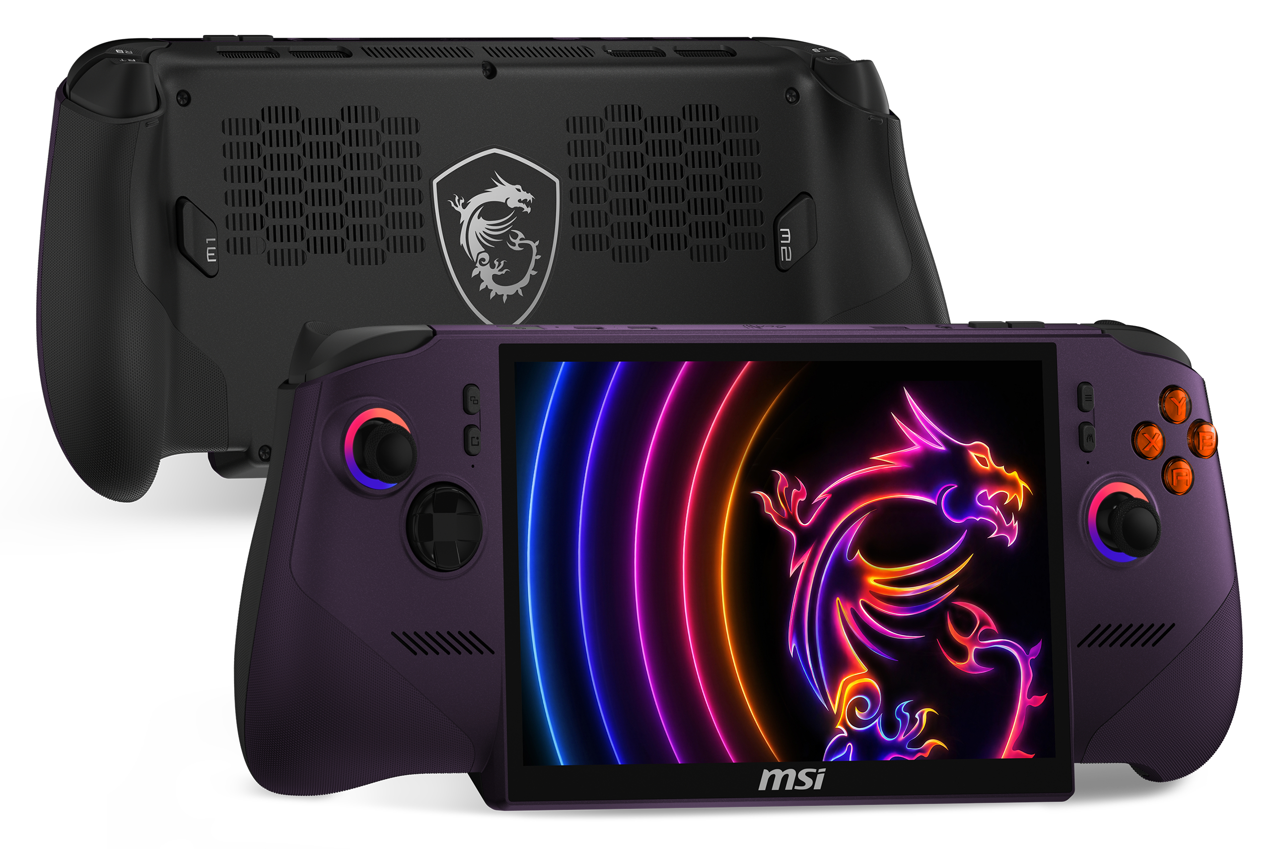 Ein violetter Handheld-Gaming-PC mit einem leuchtenden Drachen auf dem Bildschirm.