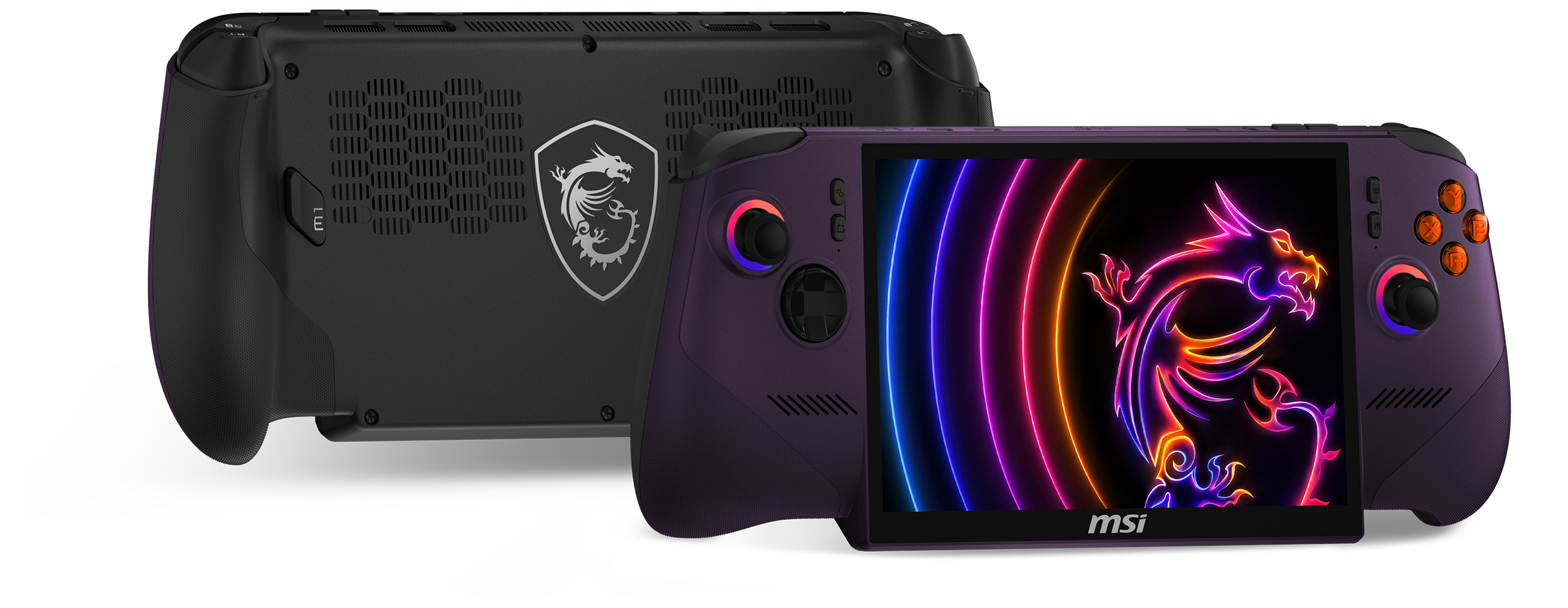 Ein violetter Handheld-Gaming-PC mit einem MSI-Logo und einem Drachenbildschirm.