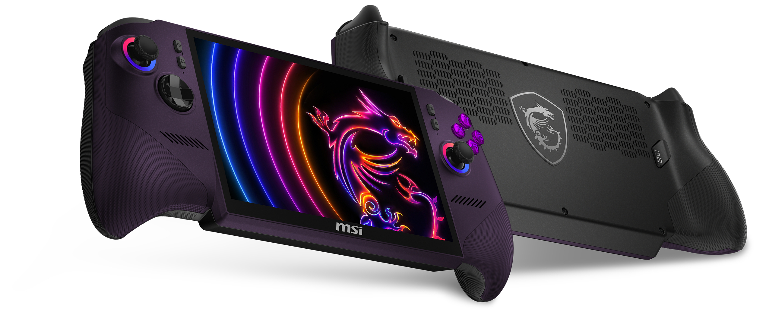 Ein violetter Handheld-Gaming-PC mit einem MSI-Drachenlogo und einem bunten Drachenbildschirm.