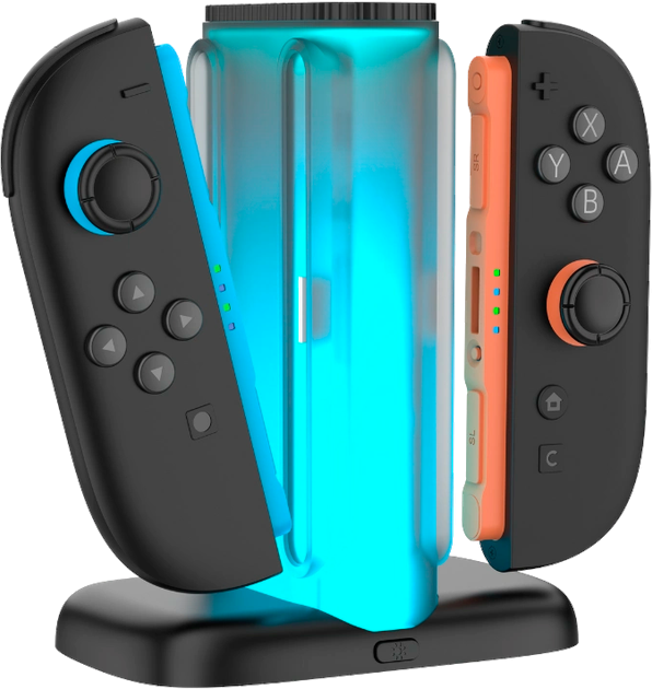 Czarny kontroler Joy-Con z niebieskimi akcentami i pomarańczowy kontroler z niebieskim podświetleniem.