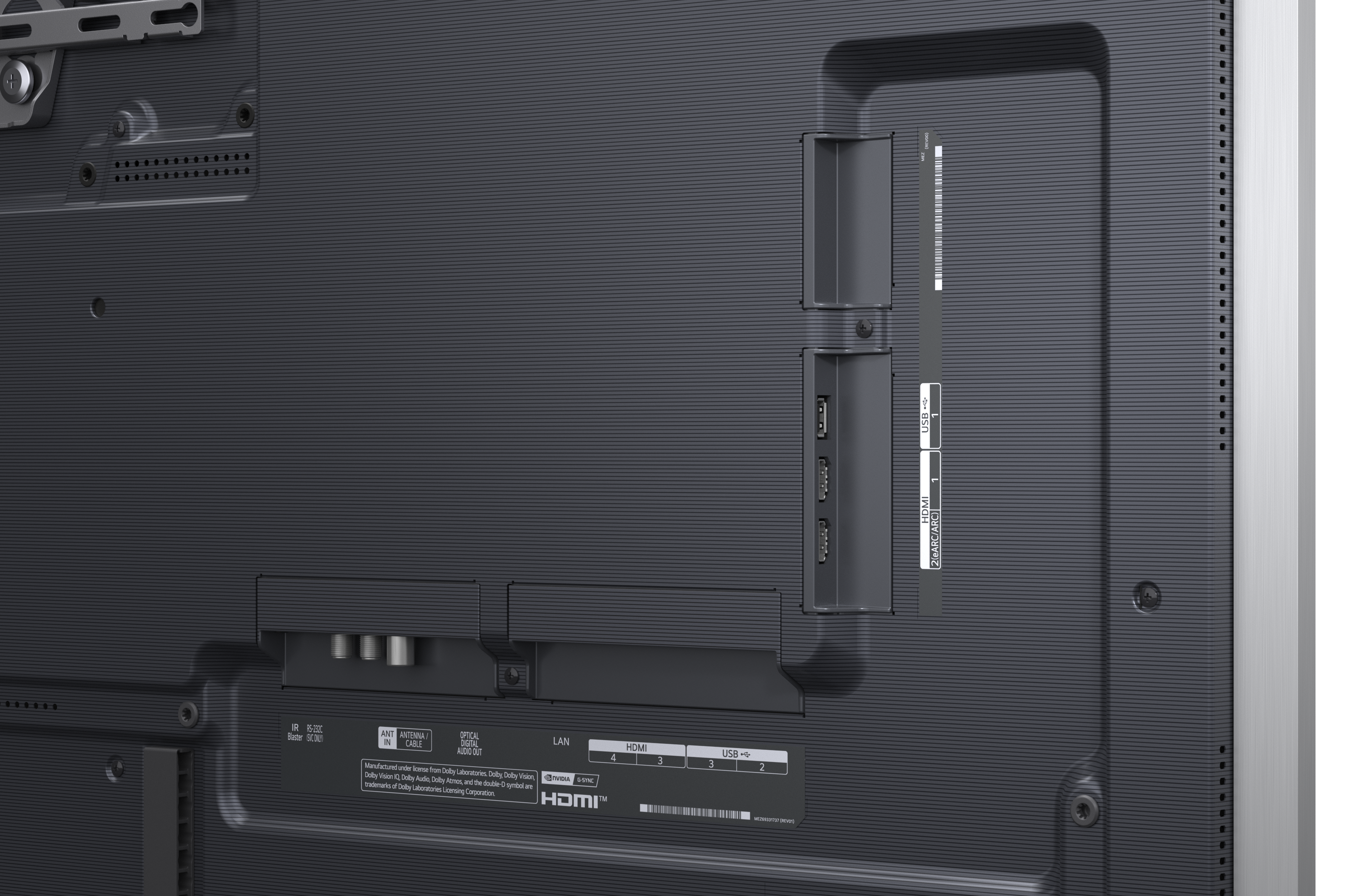Tył telewizora ze złączami: HDMI, USB, LAN, Antena i wyjście audio.