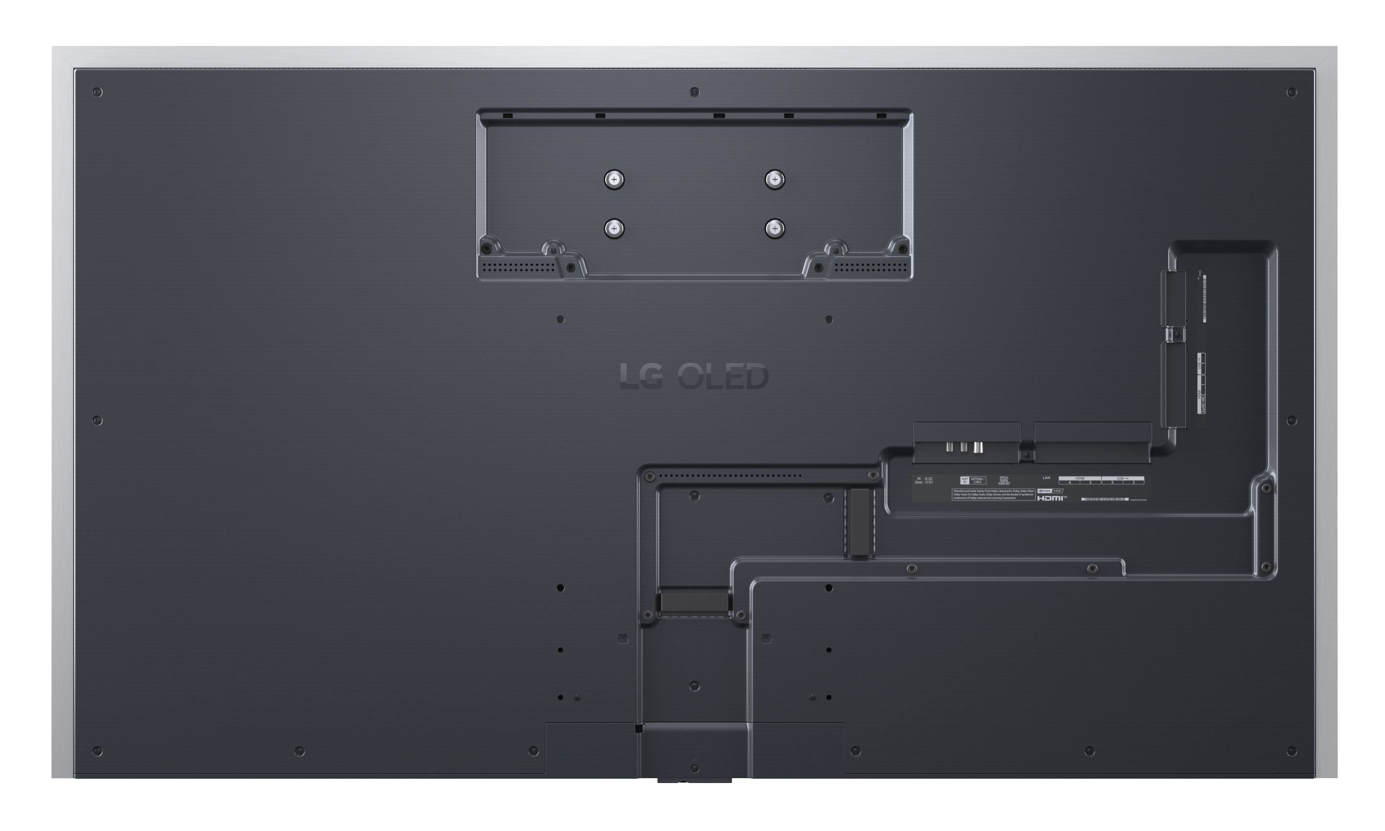 Tył telewizora LG OLED z portami i punktami montażu ściennego. Ciemnoszary panel.