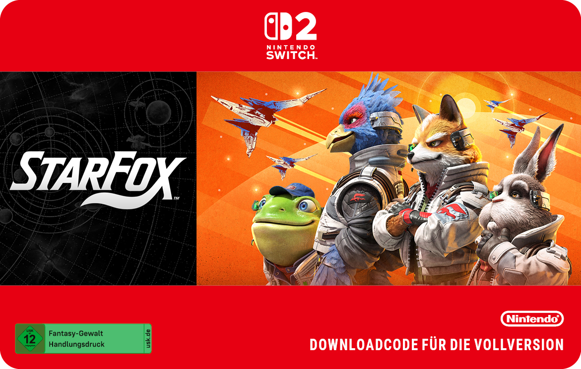 Star Fox Charaktere mit Raumschiffen und dem Nintendo Switch Logo.