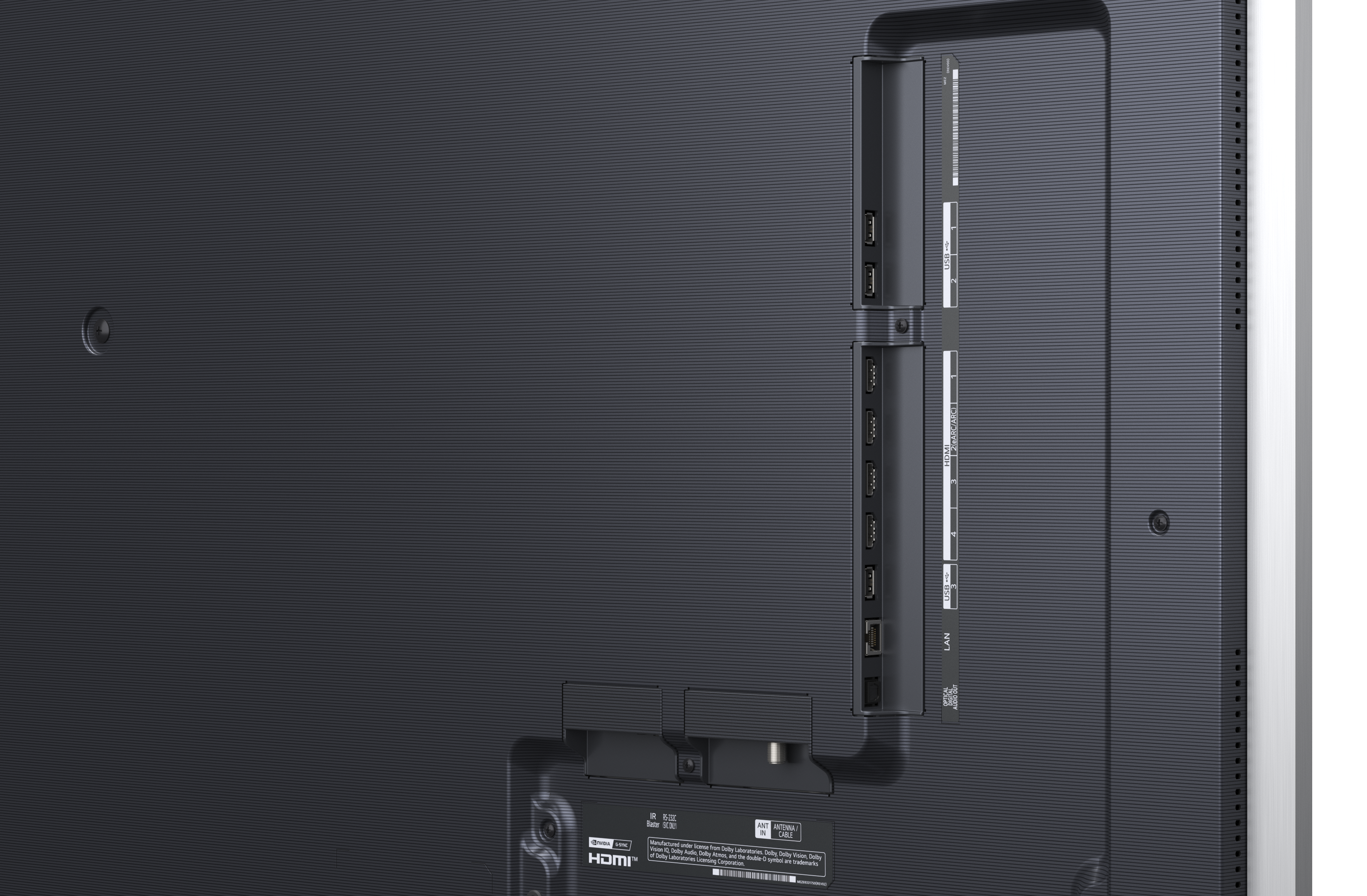 Tył telewizora z portami: HDMI, USB, LAN i wyjście audio.