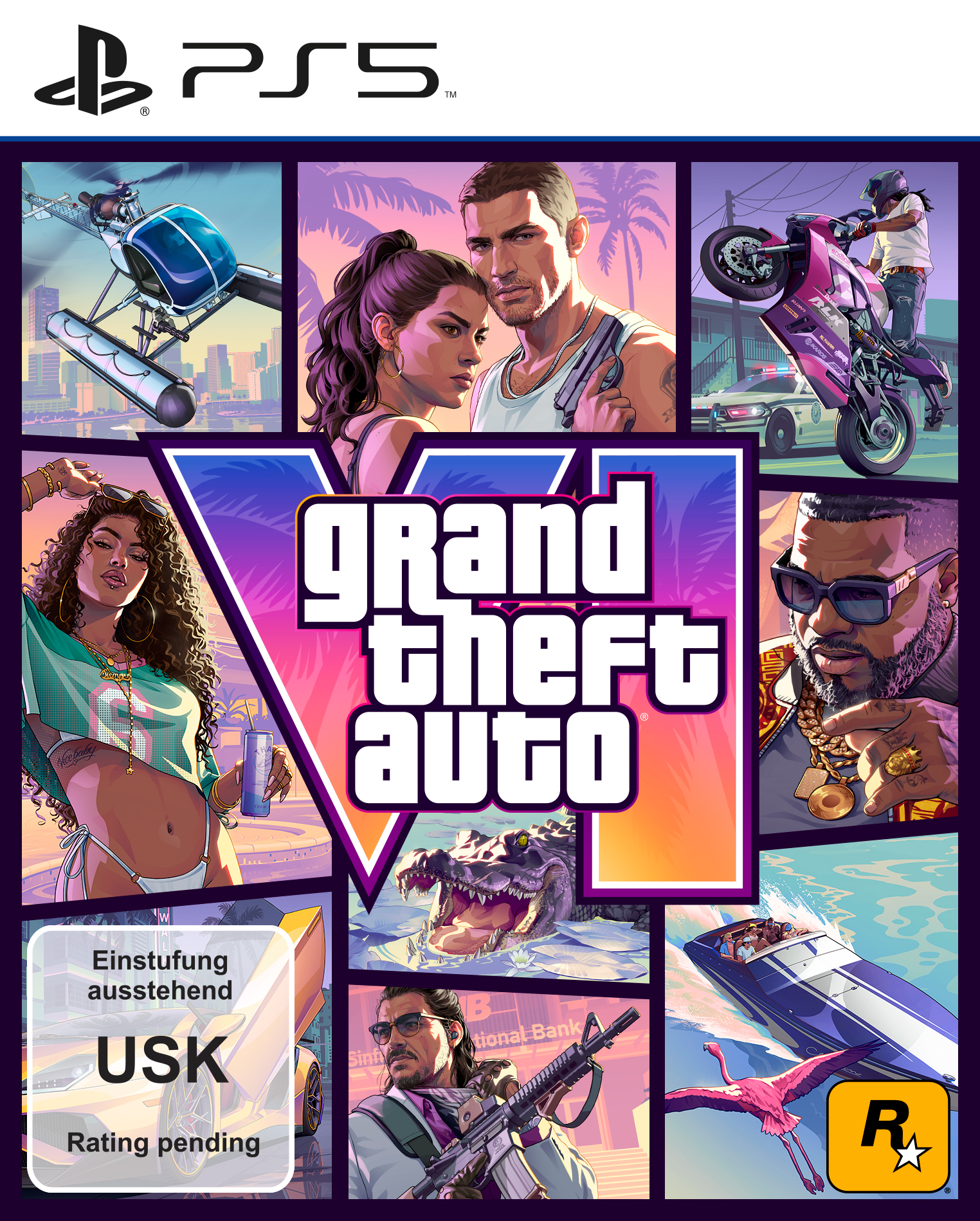 Grand Theft Auto VI Cover: PS5, Hubschrauber, Paar, Motorrad, Krokodil, Boot, Flamingo.