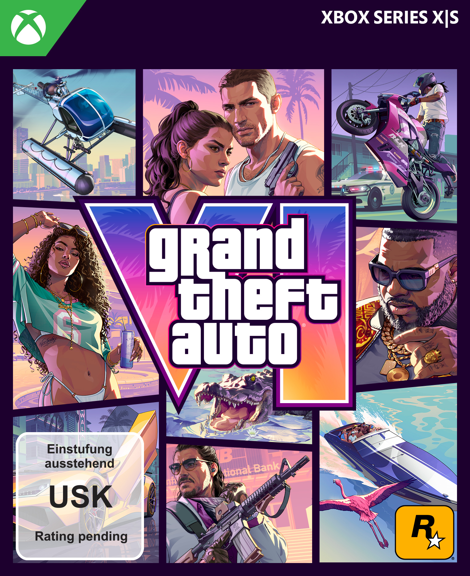 Cover von Grand Theft Auto VI mit verschiedenen Szenen: Hubschrauber, Paar, Motorradfahrer, Frau, Krokodil, Mann mit Sonnenbrille, Auto, Mann mit Waffe.