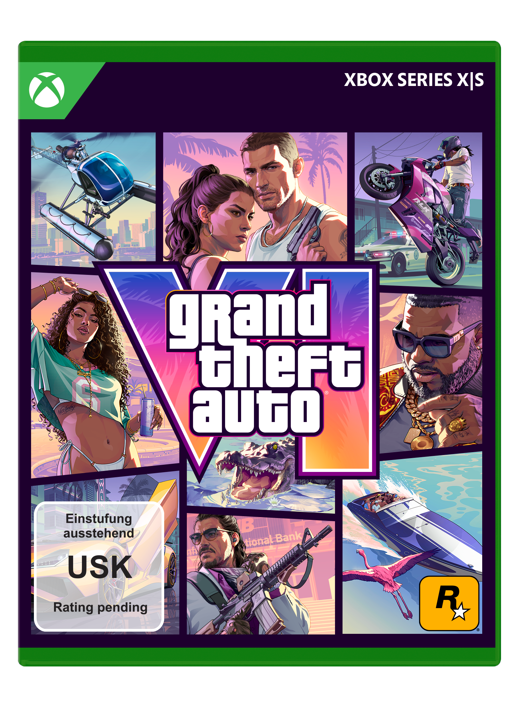Grand Theft Auto VI Cover: Collage aus Szenen, Personen, Fahrzeugen und dem Logo.