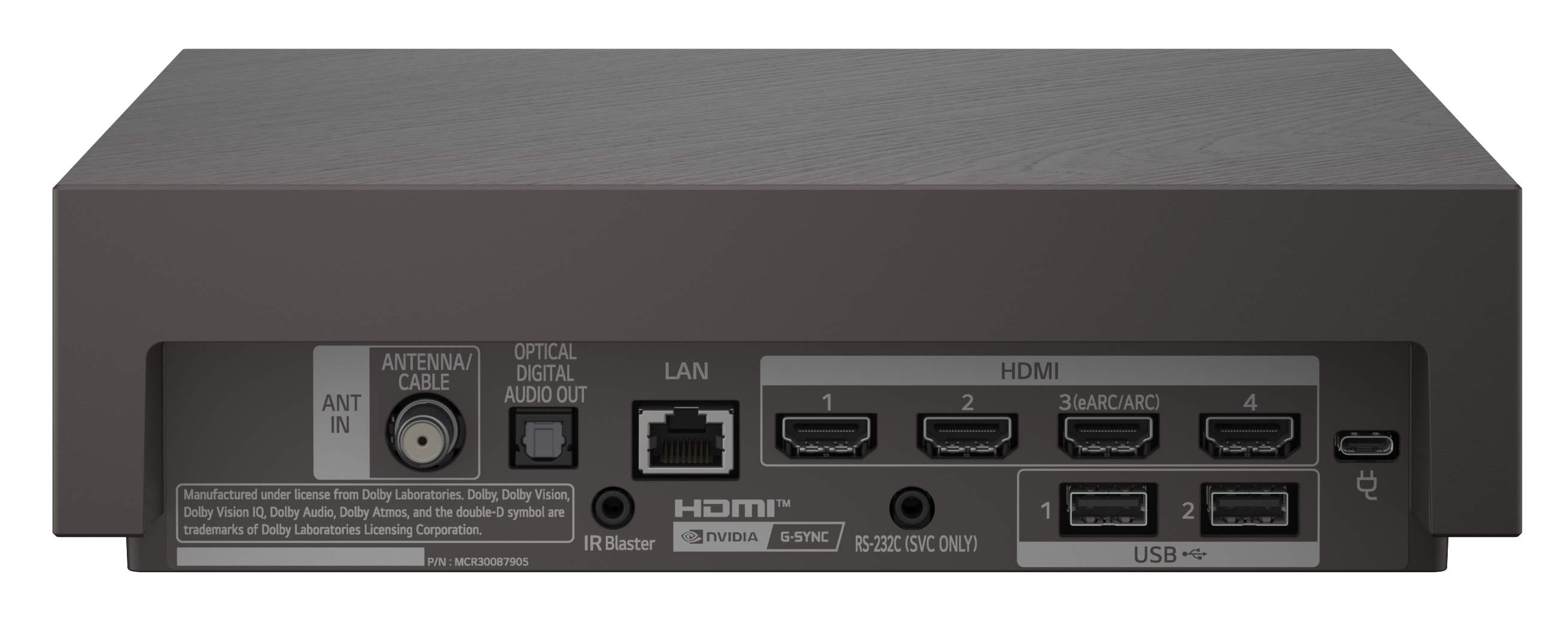 Tylny panel urządzenia z portami, takimi jak antena, optyczny audio, LAN, cztery HDMI i dwa porty USB.