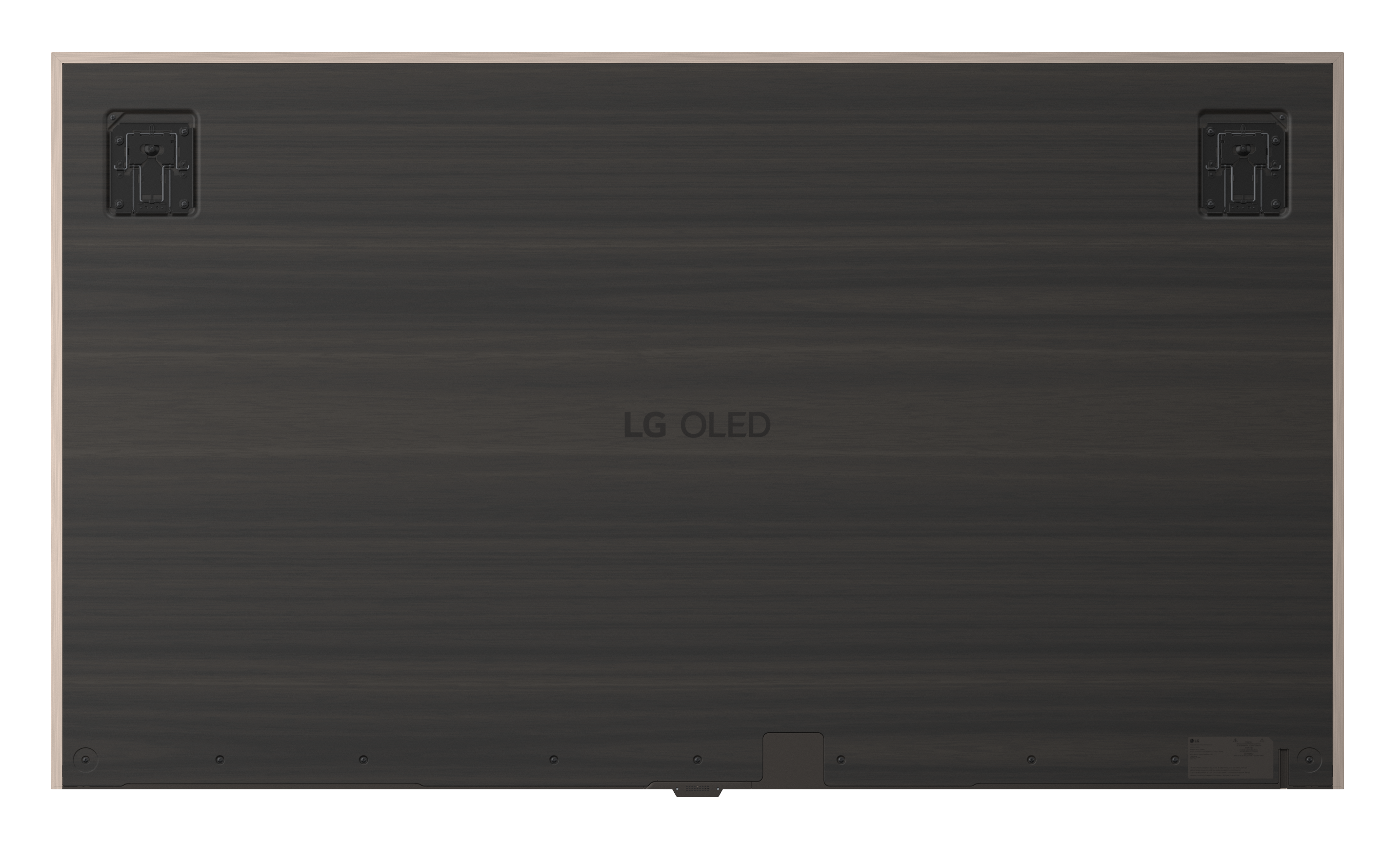 Tył telewizora LG OLED z wykończeniem drewnopodobnym, uchwytami ściennymi i wyśrodkowanym logo LG OLED.