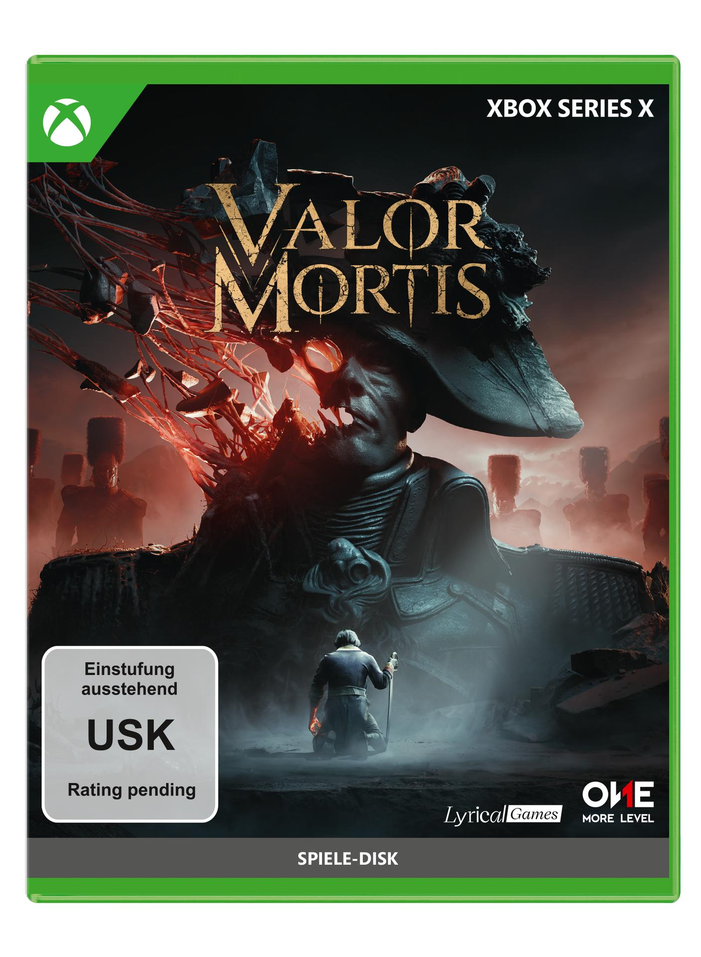 Ein Mann kniet vor einer riesigen, bedrohlichen Figur. "Valor Mortis" steht am oberen Rand.