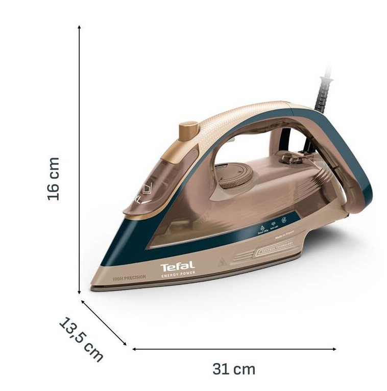Brązowo-niebieskie żelazko parowe Tefal o wymiarach 31x16x13,5 cm.