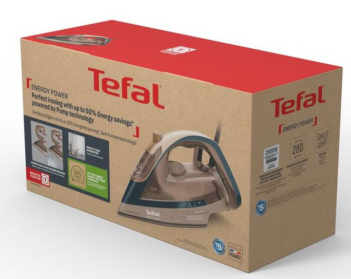 Opakowanie żelazka parowego Tefal z wizerunkiem żelazka i detalami.