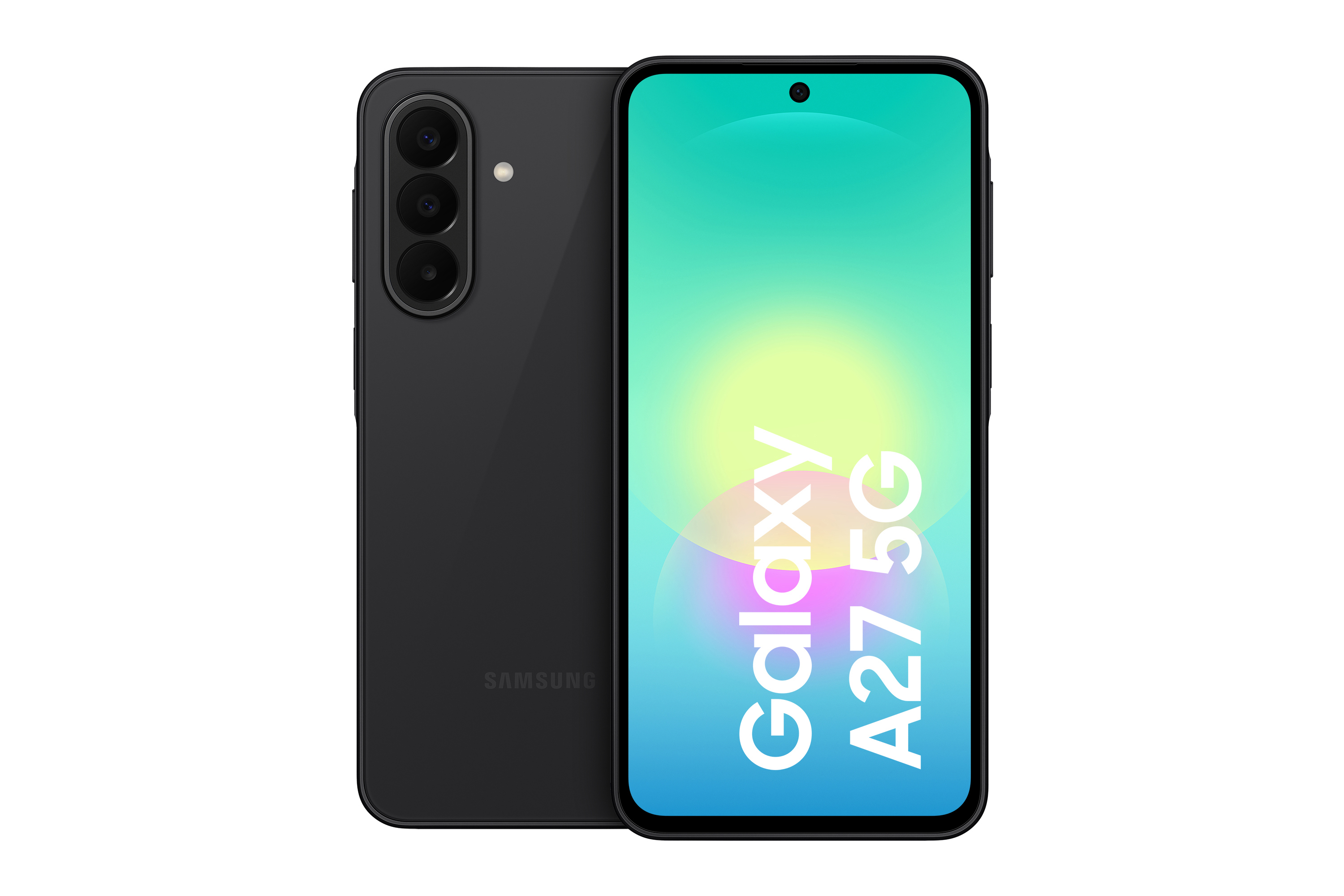 Schwarzes Samsung Galaxy A27 5G Smartphone, Vorder- und Rückseite sichtbar.
