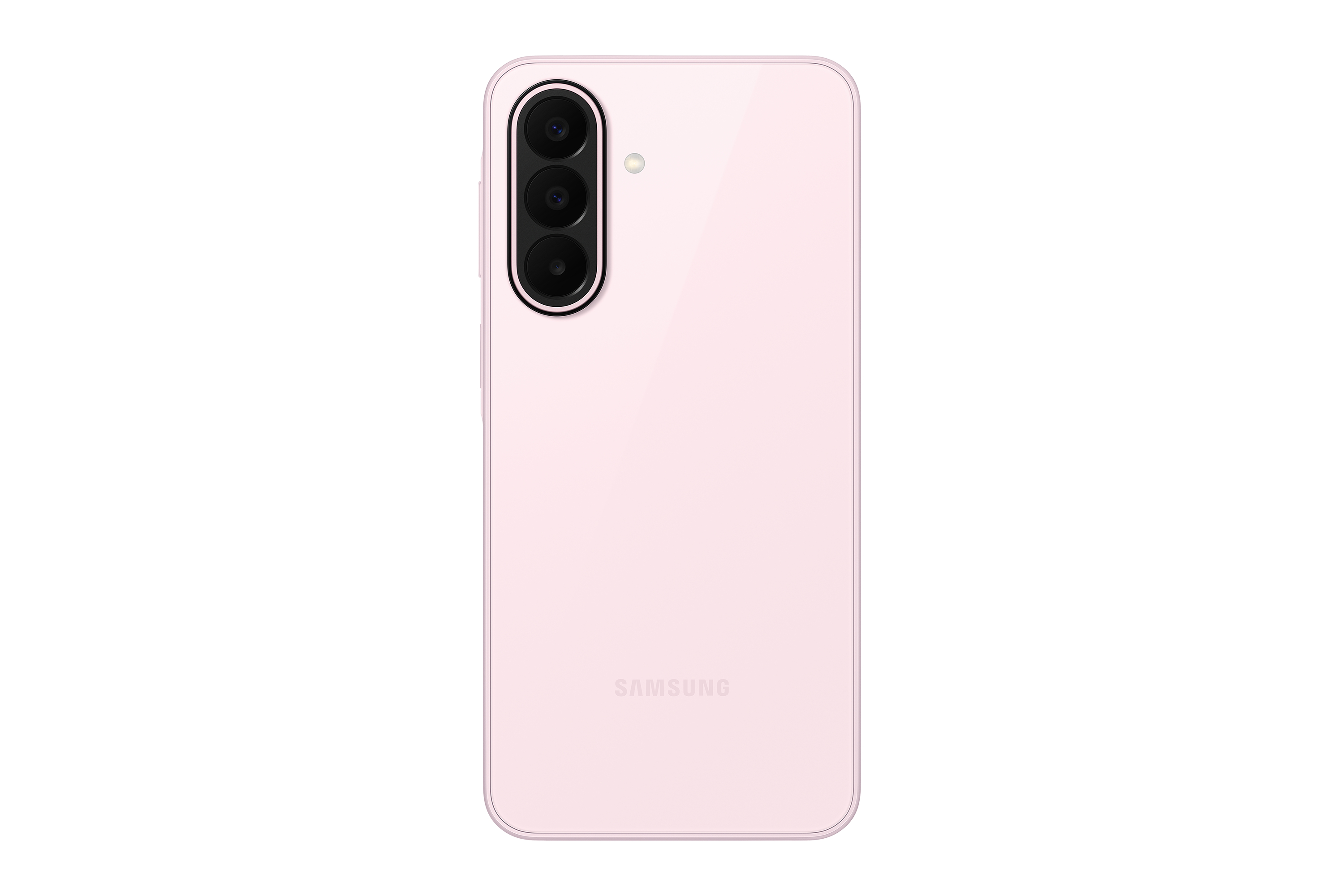 Rückseite eines rosa Samsung Smartphones mit drei Kameras und Blitz.