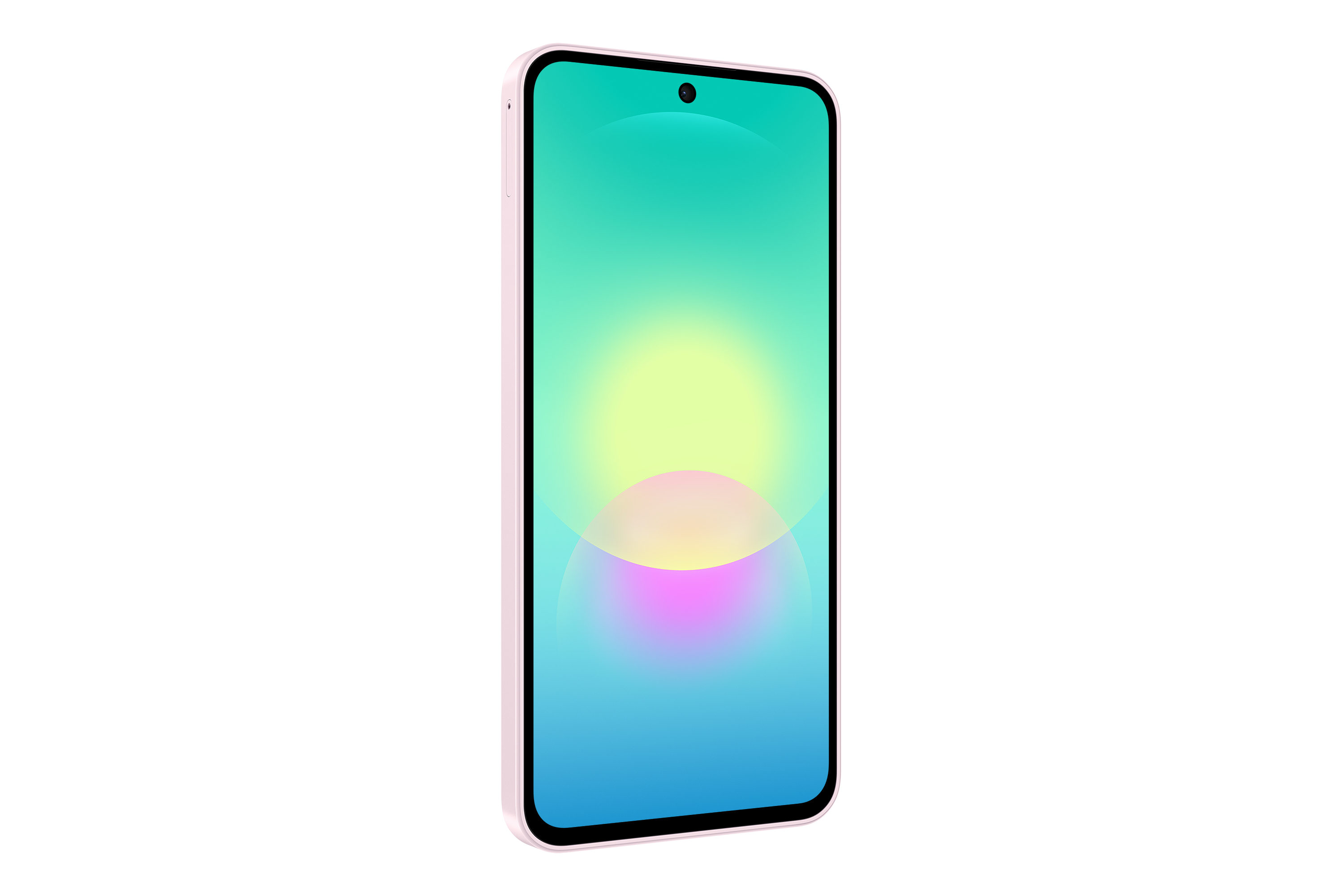 Ein rosa Smartphone mit einem Farbverlauf-Bildschirm und einem kleinen Loch für die Kamera.