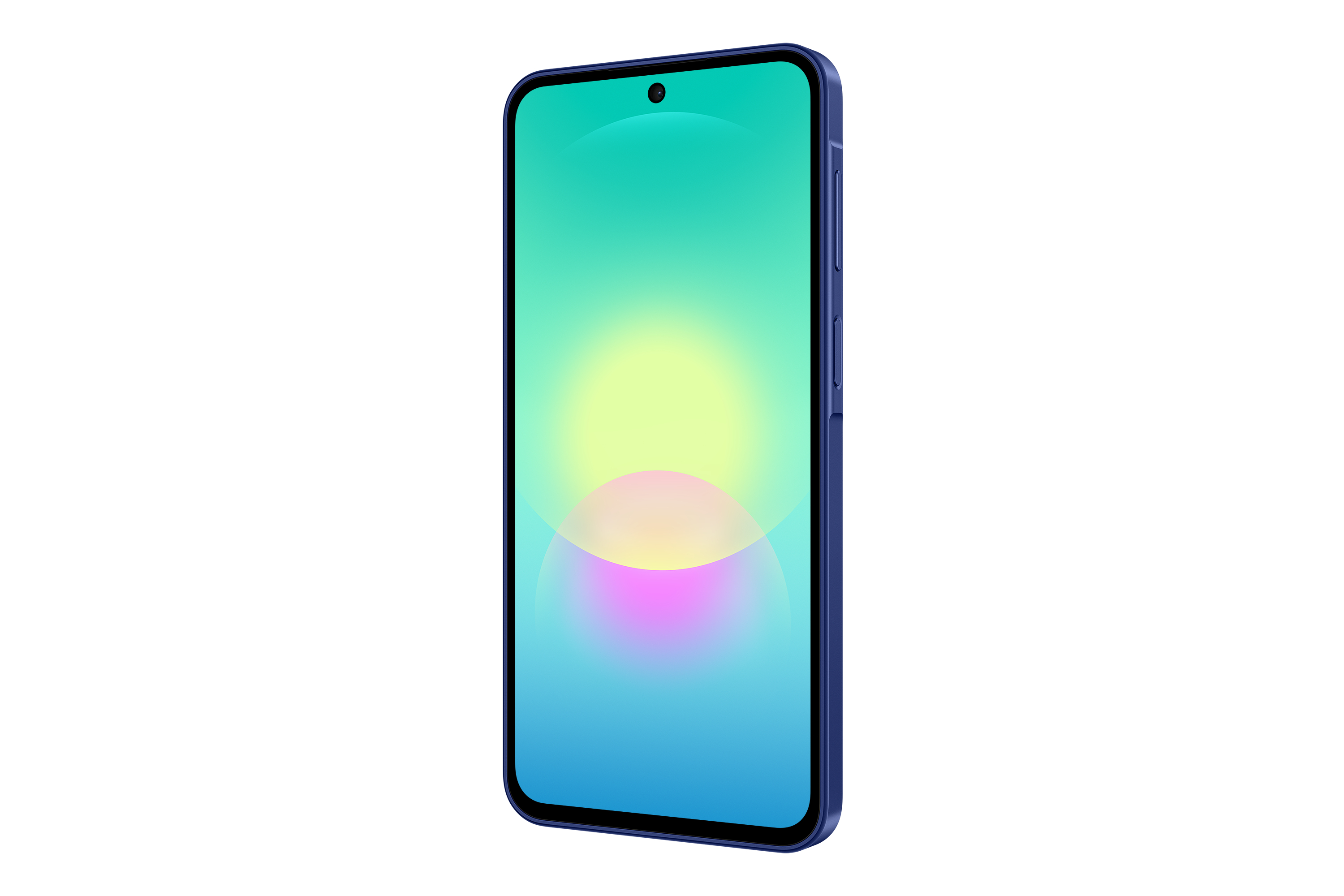Ein blaues Smartphone mit einem Farbverlauf-Hintergrund auf dem Bildschirm.