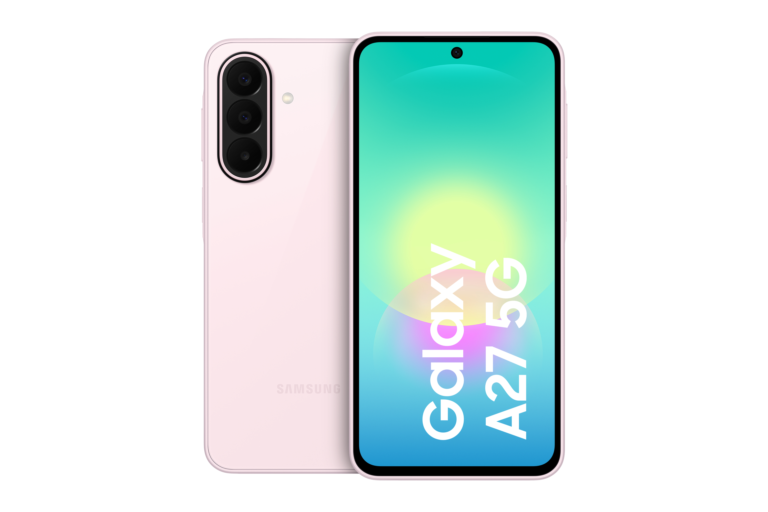 Ein rosa Samsung Galaxy A27 5G Smartphone, Vorder- und Rückseite sichtbar.