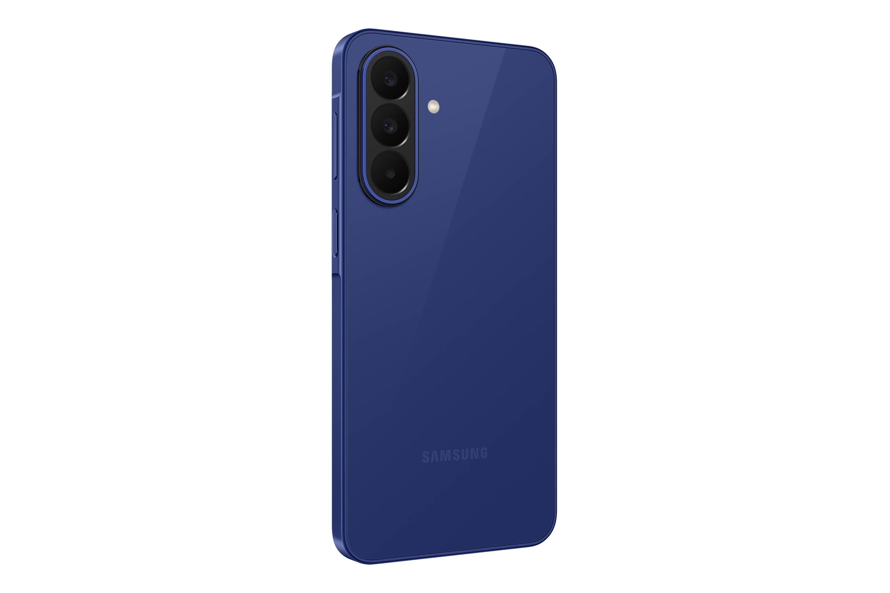 Dunkelblaues Samsung Smartphone mit drei Kameras auf der Rückseite.