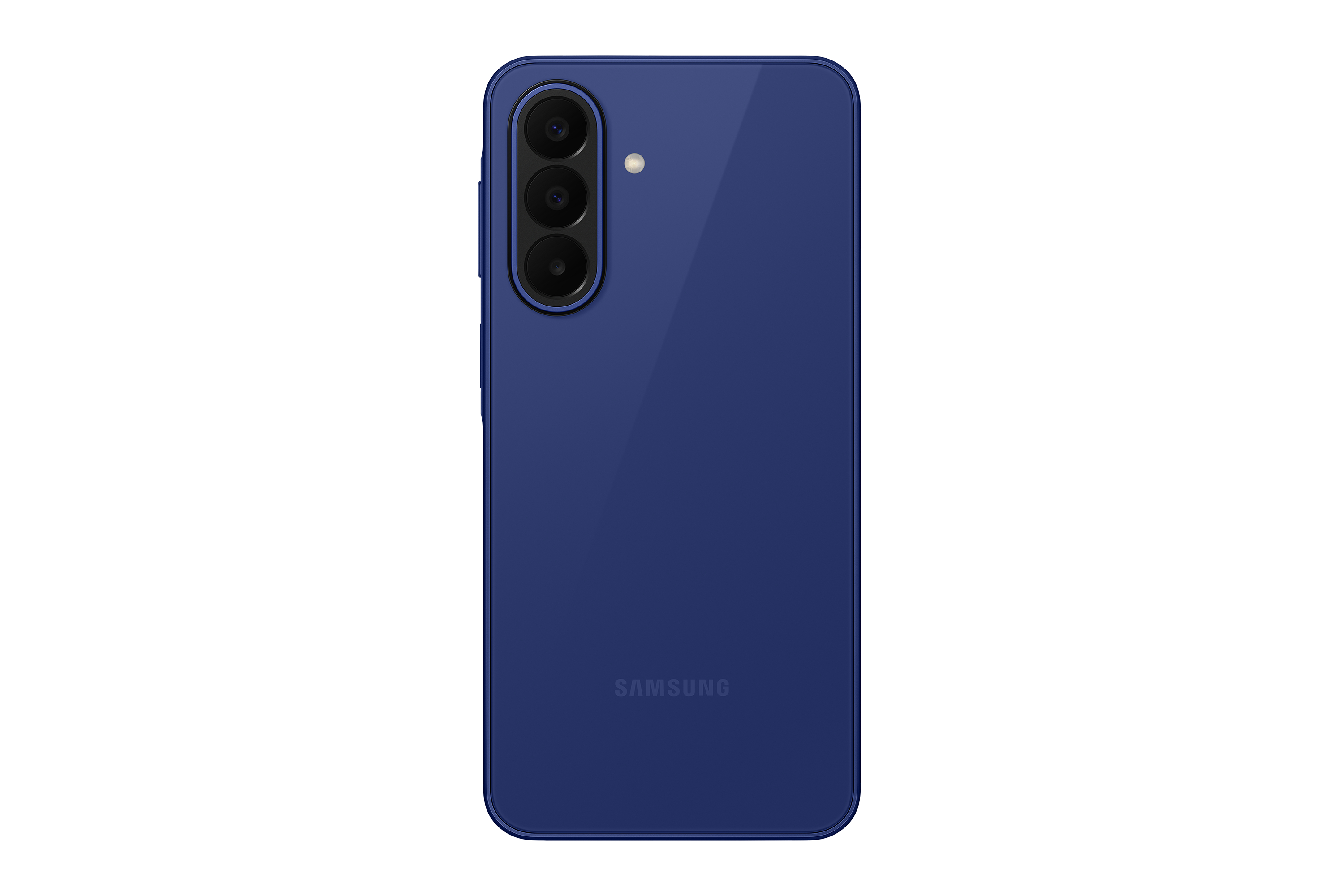 Rückseite eines dunkelblauen Smartphones mit drei Kameralinsen und Samsung-Logo.
