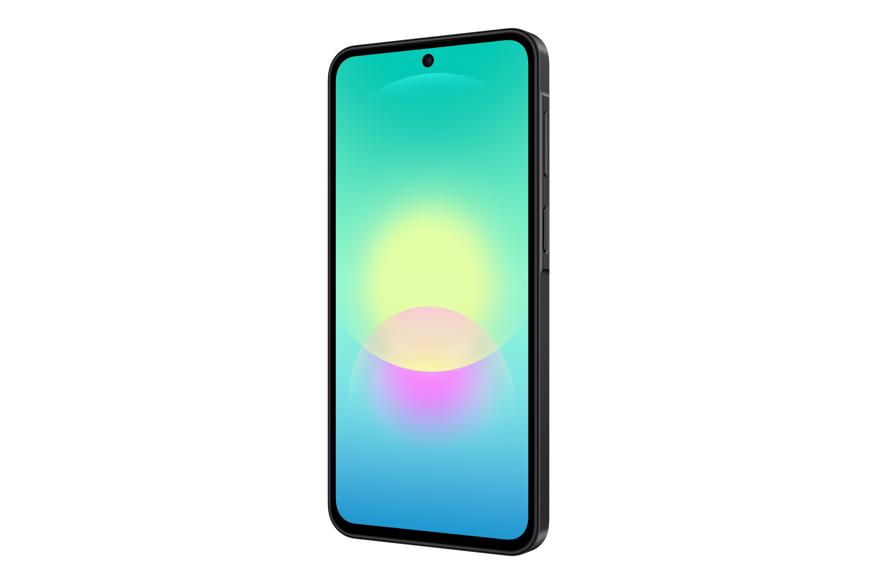 Schwarzes Smartphone mit farbigem Hintergrund und Frontkamera.