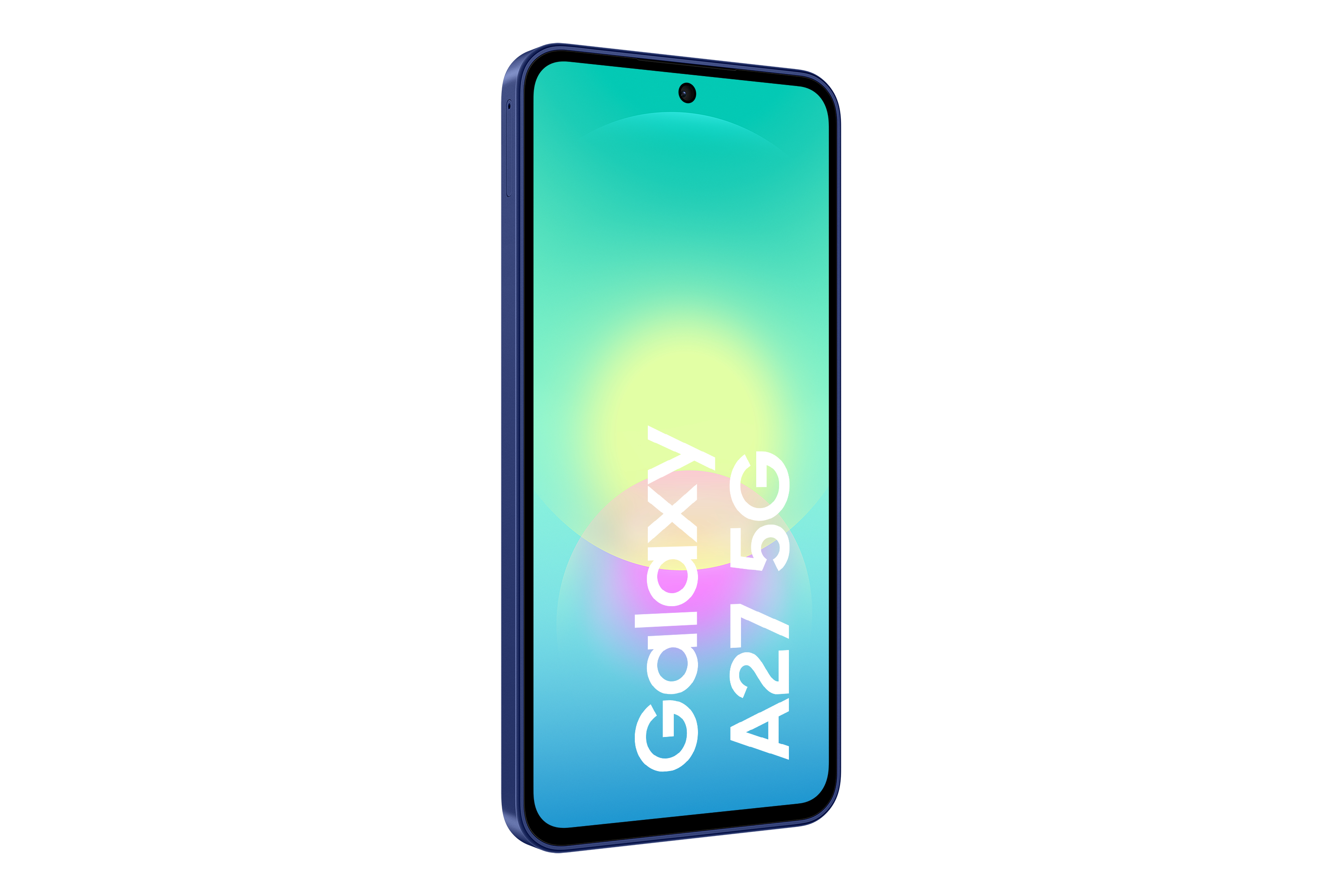 Ein blaues Samsung Galaxy A27 5G Smartphone mit einem Farbverlauf auf dem Bildschirm.