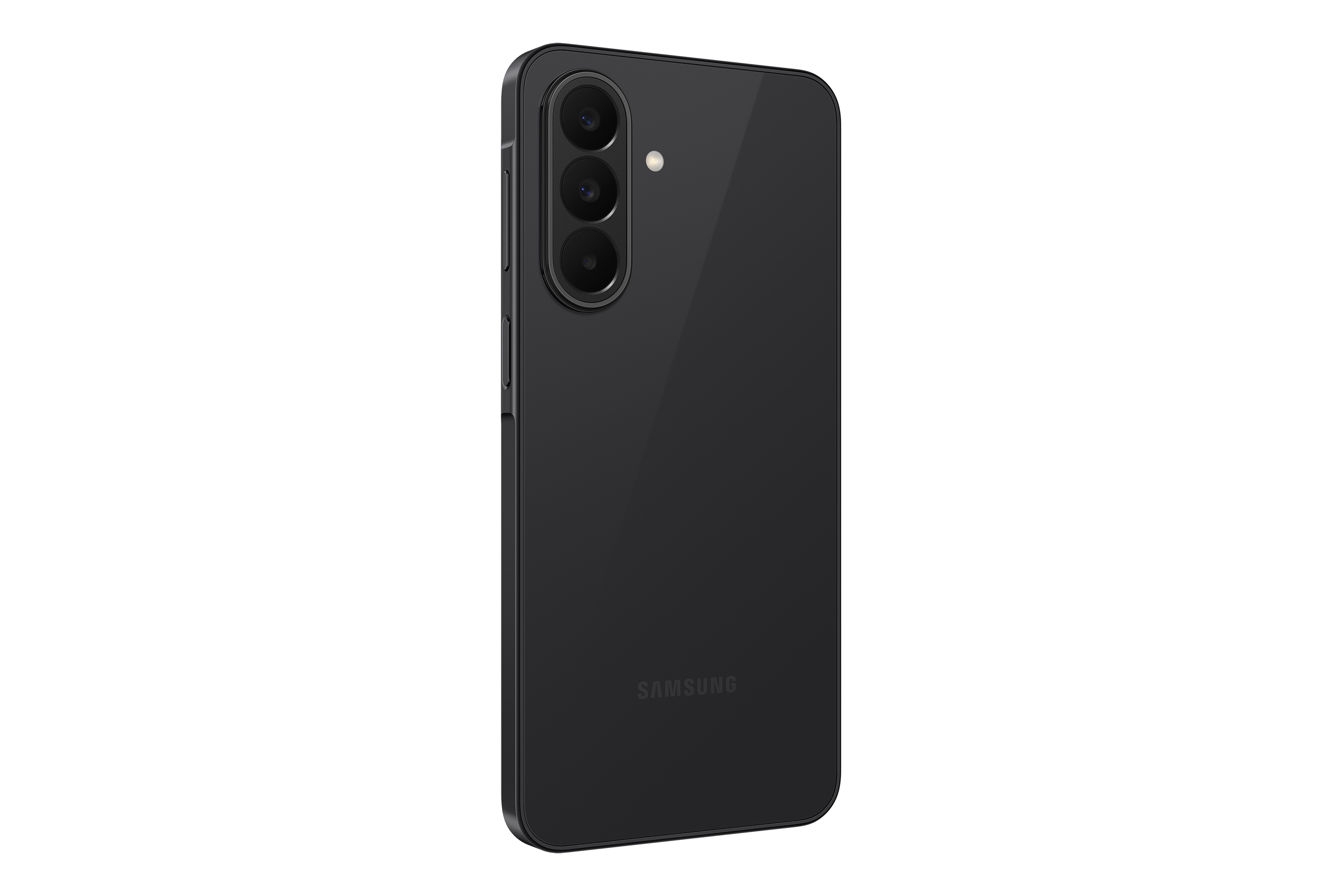 Rückseite eines schwarzen Samsung Smartphones mit drei Kameras und Blitz.