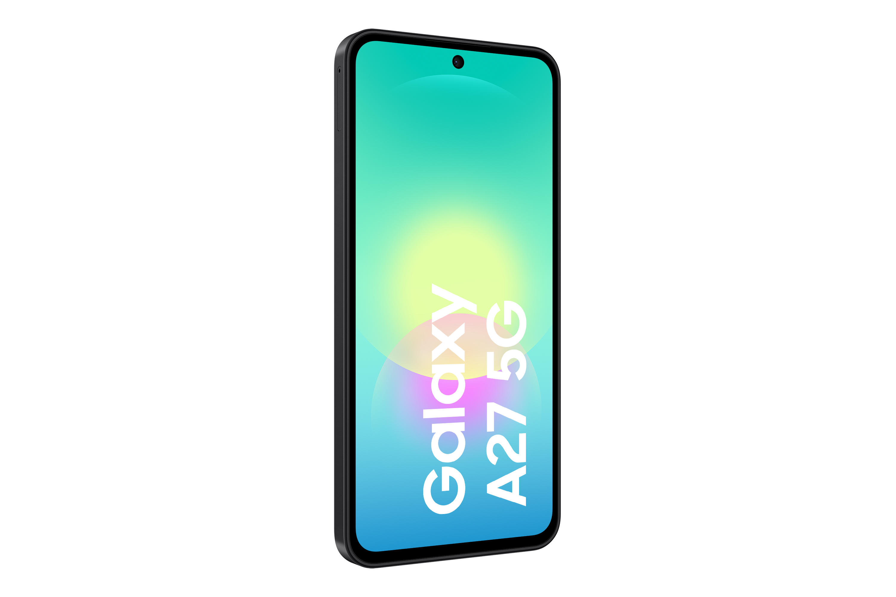 Ein schwarzes Smartphone mit dem Text "Galaxy A27 5G" auf dem Bildschirm.