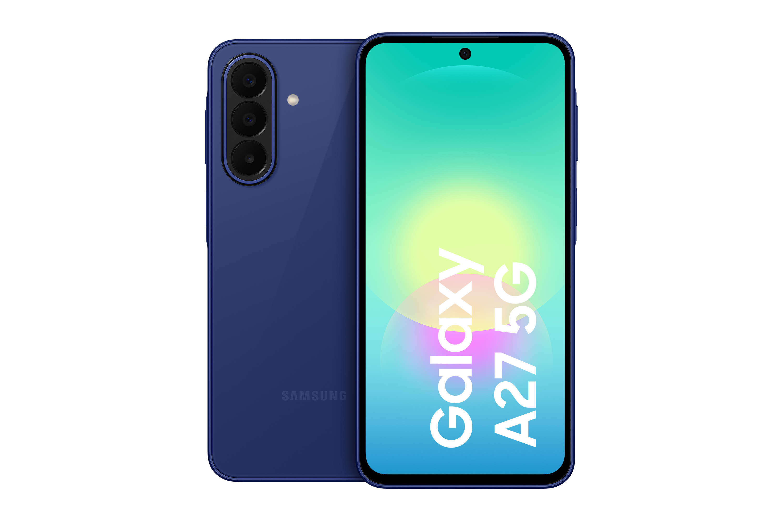 Dunkelblaues Samsung Galaxy A27 5G Smartphone, Vorder- und Rückansicht.
