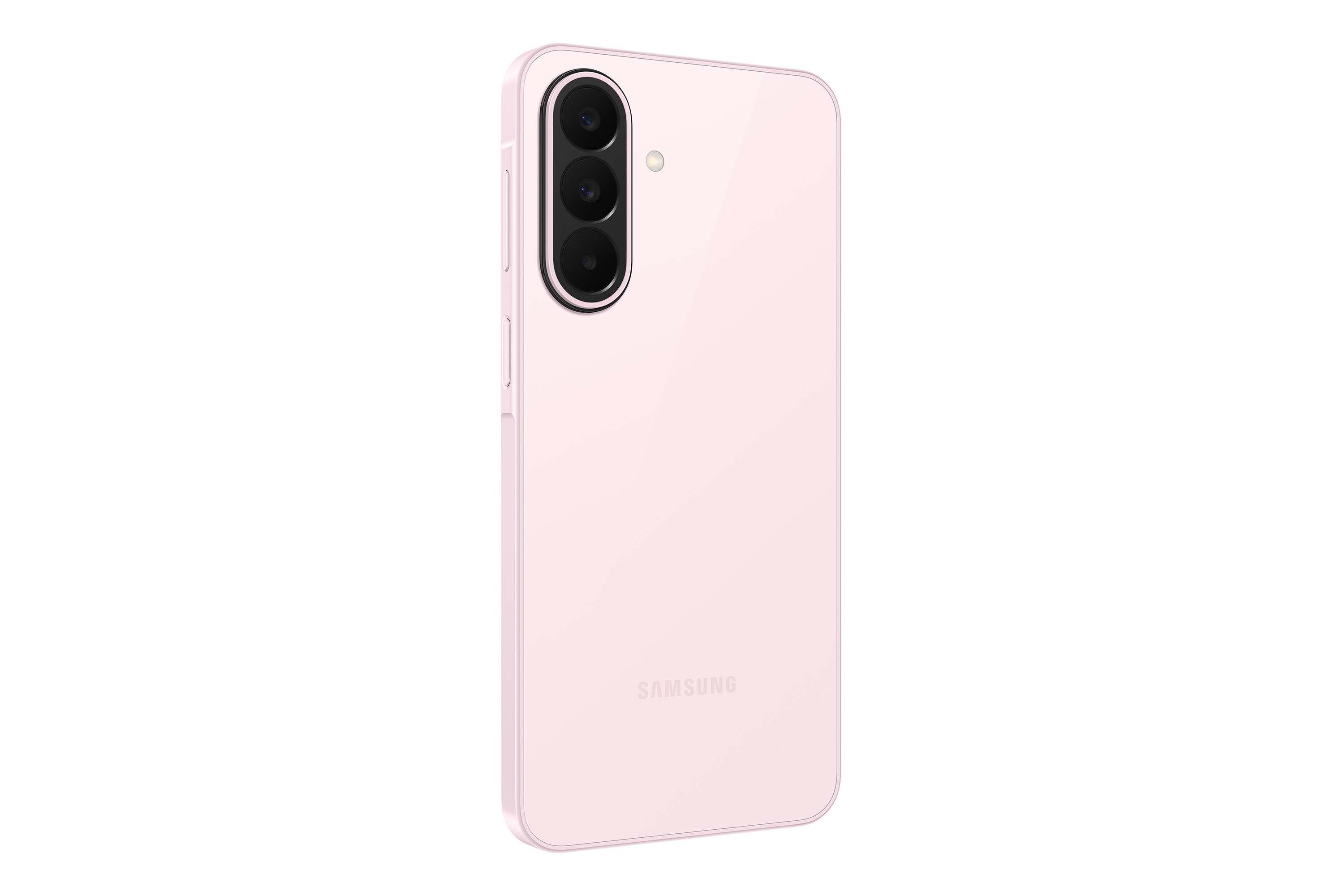 Ein rosafarbenes Samsung Smartphone mit drei Kameras auf der Rückseite.