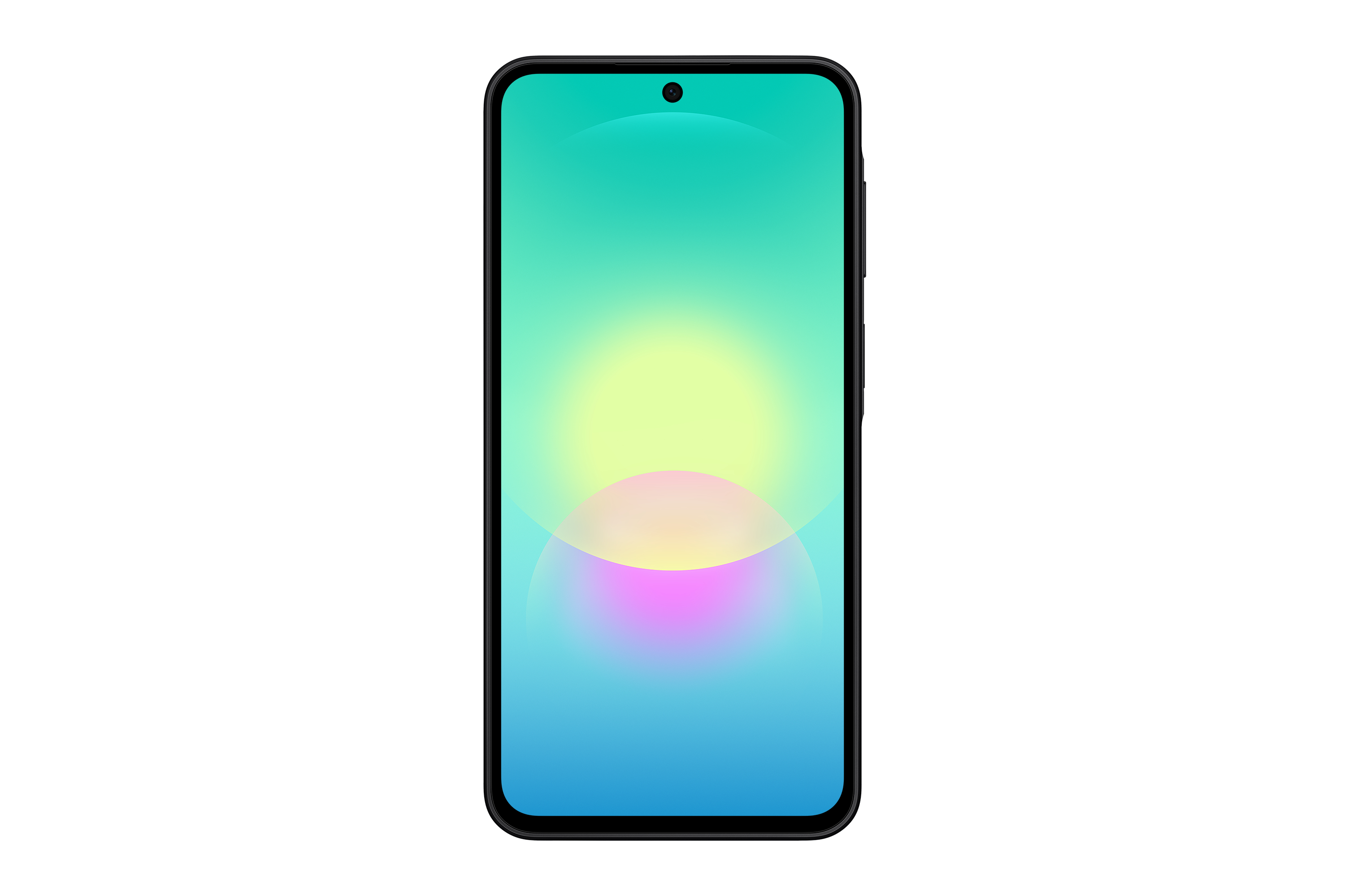 Ein Smartphone mit einem Farbverlauf-Display, das Gelb, Türkis und Blau zeigt.