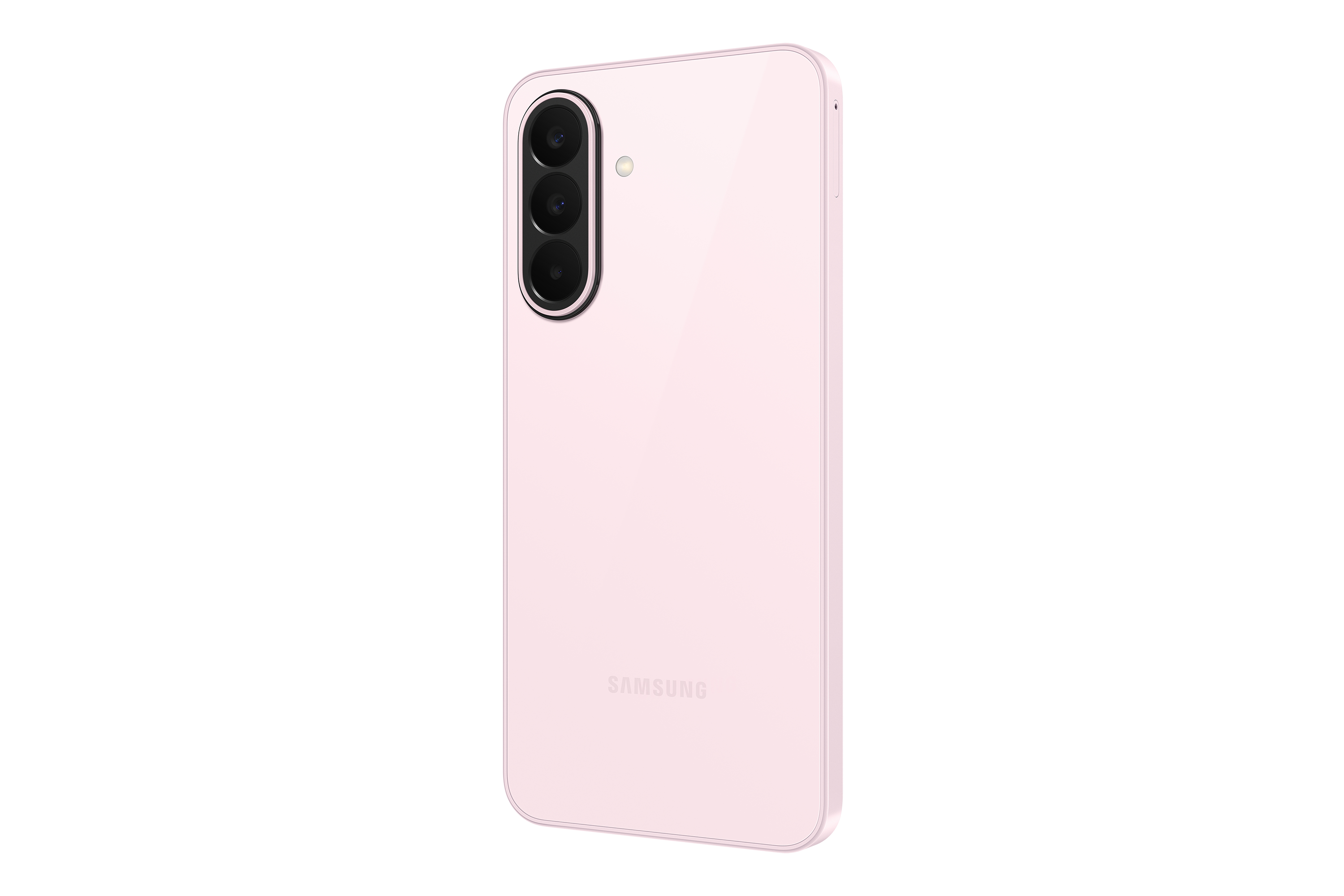 Ein hellrosa Smartphone mit drei Kameras und dem Samsung-Logo auf der Rückseite.