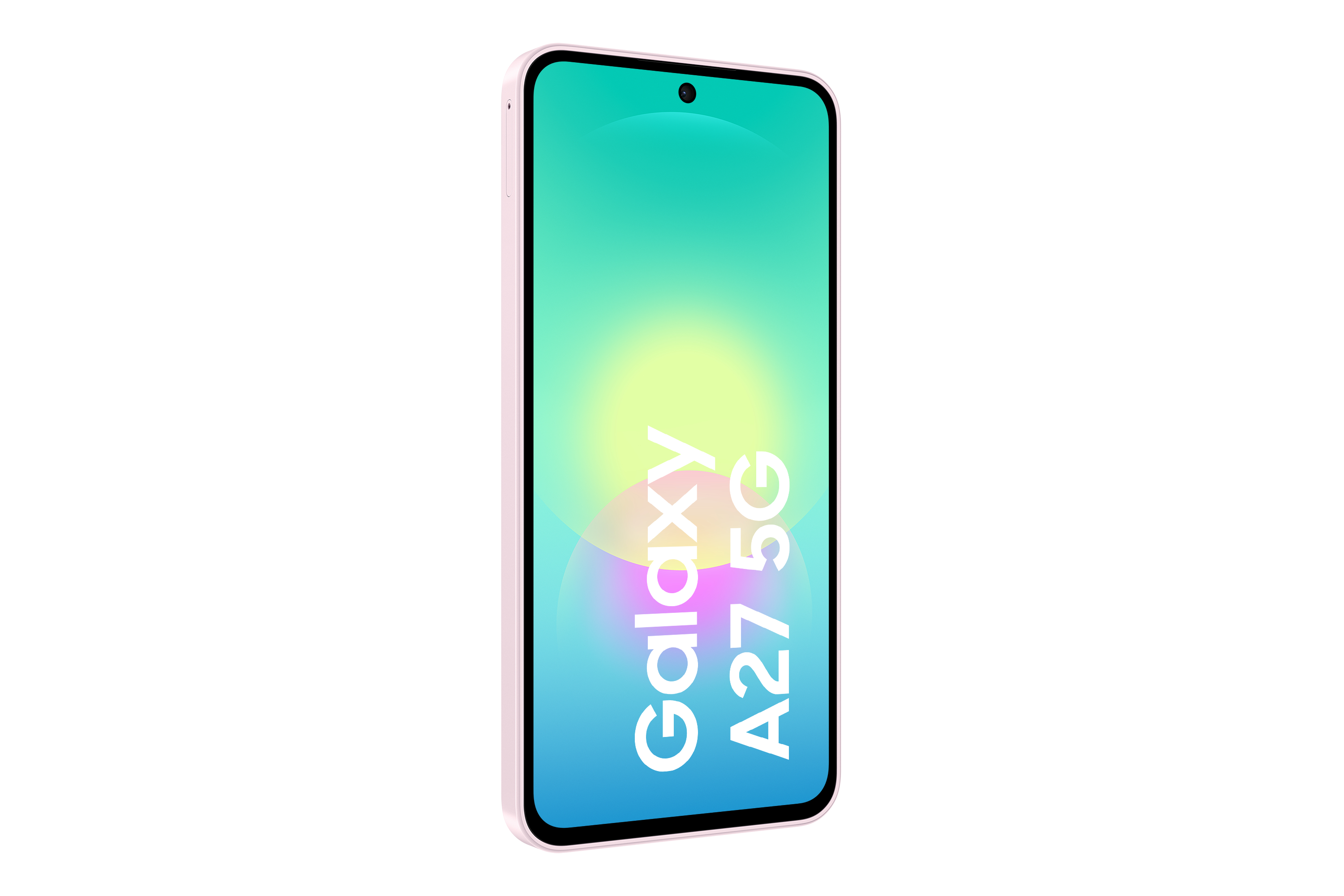 Ein hellrosa Smartphone mit dem Text Galaxy A27 5G auf dem Bildschirm.